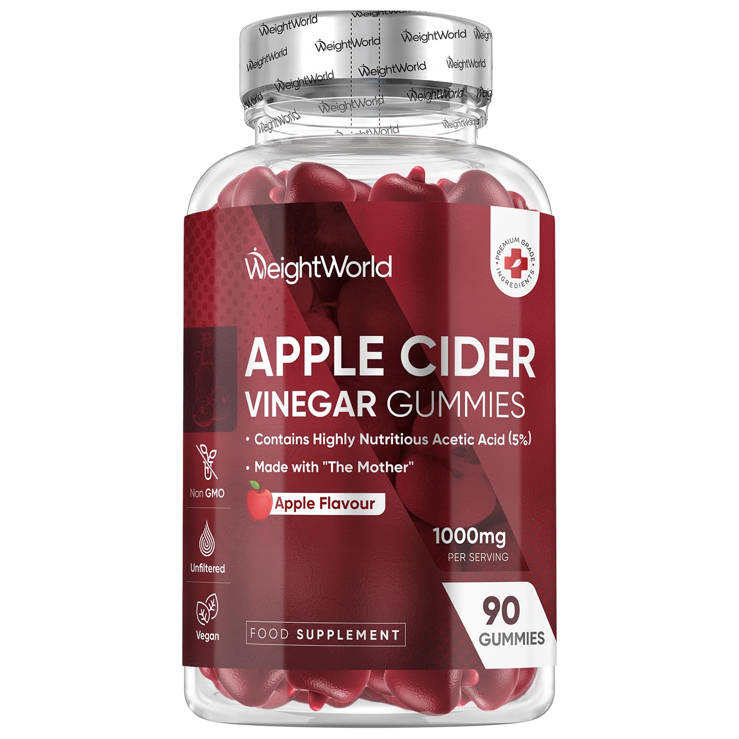 Apple Cider Vinegar Gummies 1000mg - 90 Gummies - With Natural Apple Flavour - 45 Days Supply - Apple Cider Vinegar with Mother - Vitamin C, B12, B6, B9 & Beetroot Powder - Unfiltered & Vegan-Friendly