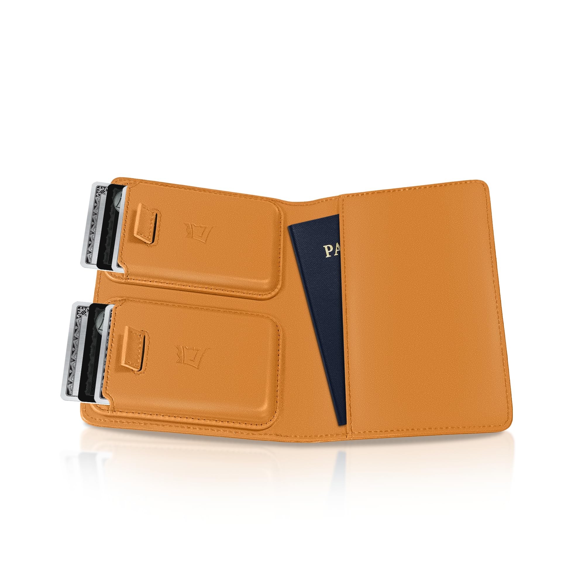 Kings LootPassport Holder Wallet | RFID Blocking Leather Travel Wallet with Built-in Airtag Holder | Holds 1-6 Cards & Passport | Easy Pull Tab | Travel Wallets (Cognac)
