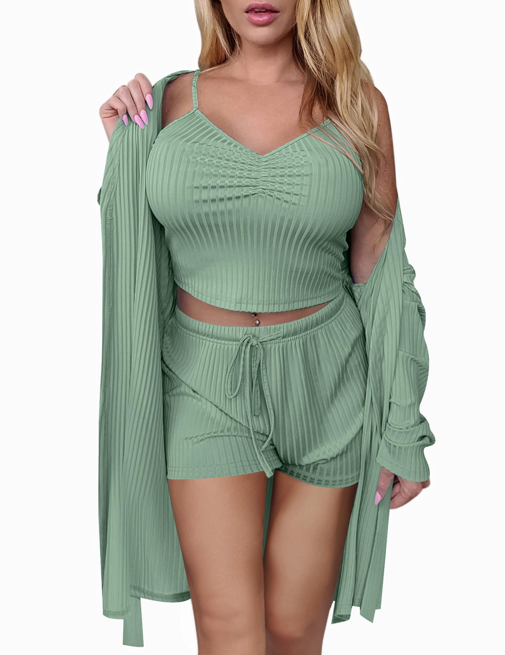 EkouaerRib Knit Pajamas Set for Women Piece Lounge Sets Soft Cami and  Shorts Pjs with Cardigan Loungewear S-XXL