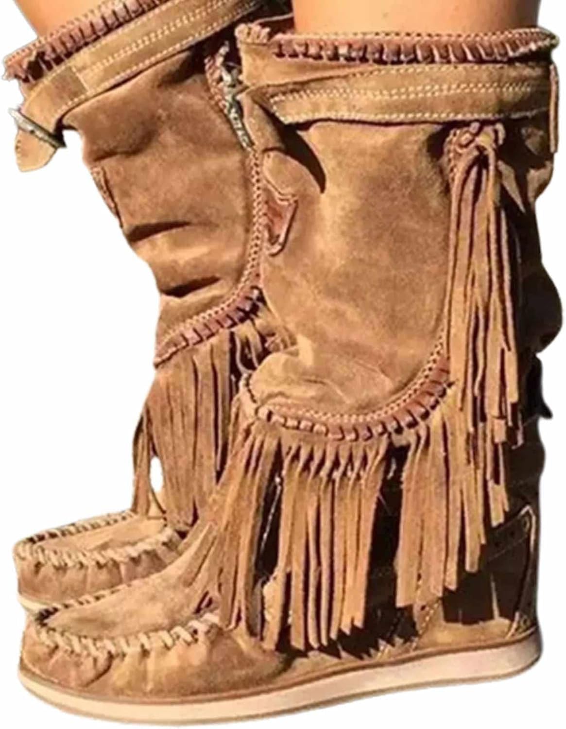 Fringe Boots Women Knee High Boots Women Winter Faux Suede Round Toe Warm Flats Vintage Boho Fringe Tassel