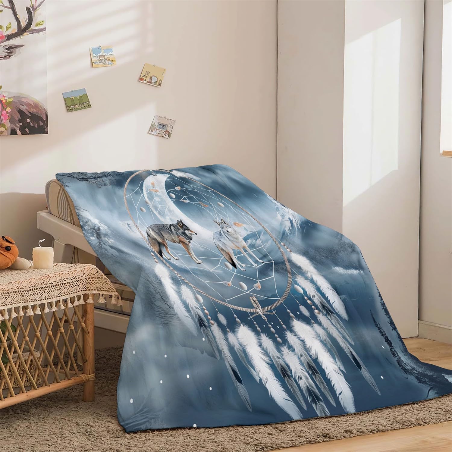 Koc flanelowy z nadrukiem łapacz snów w stylu snu Wilk koc dziecięcy niebieski dymny koc polarowy prezent dla dziewczynek miękki koc 150 x 200 cm