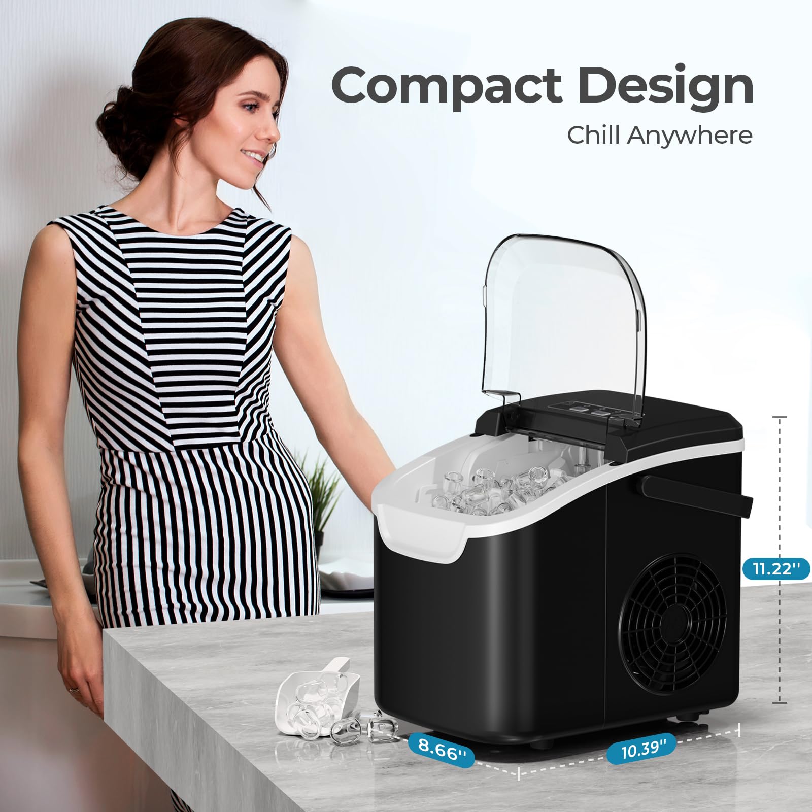 Máquina para hacer hielo de encimera, 8 cubitos de hielo en 6 minutos, 26 libras/día de hielo con 2 tamaños, mini portátil, ahorro de energía y cesta/cuchara para el hogar, fiesta, viajes, camping