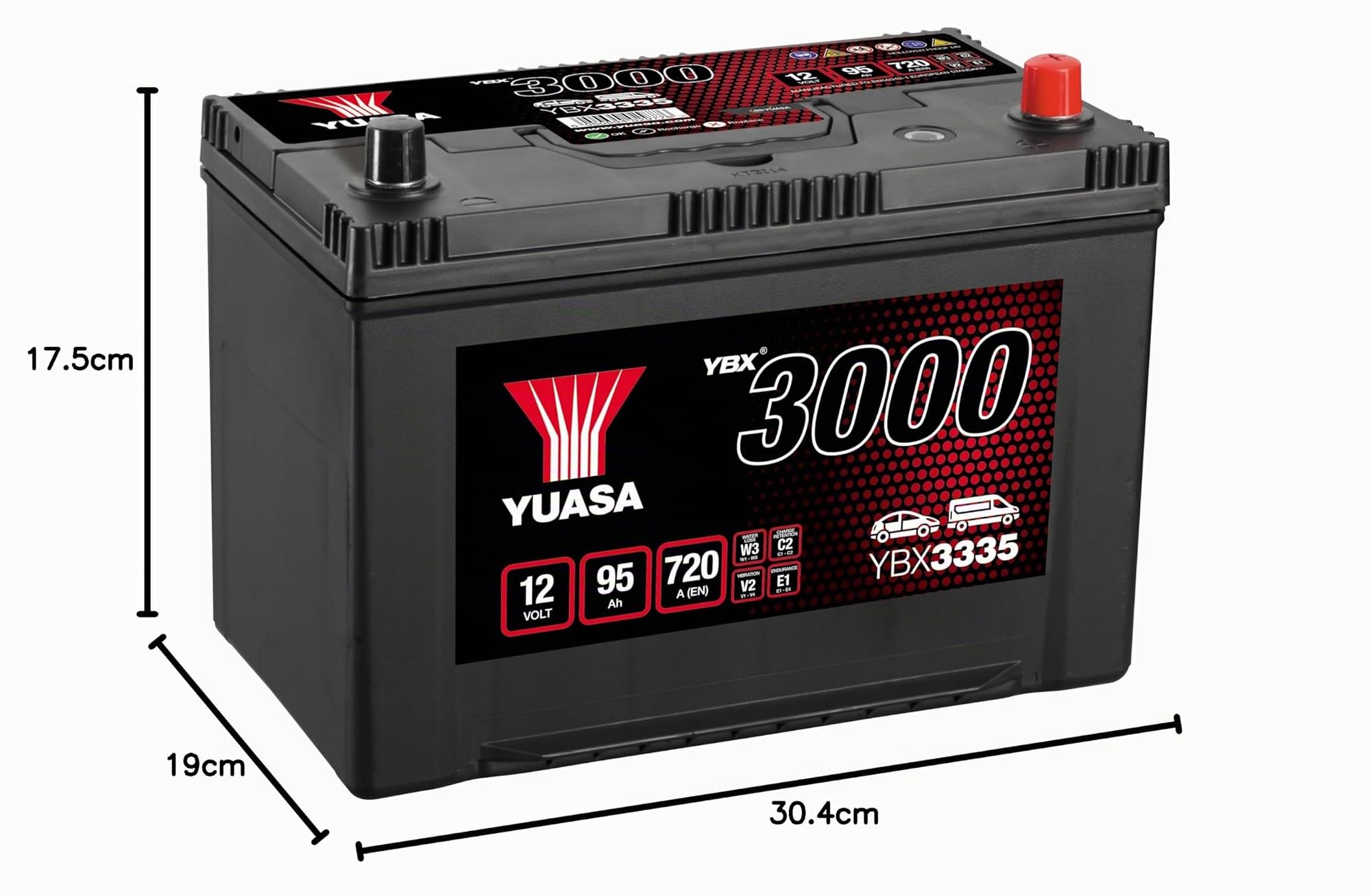 YUASA Batteria 95, Ah 720, A/EN YBX3335 L 303mm B 174mm H 222mm Compatibilità con TOYOTA RAV 4 III ACA3, ACE, ALA3, GSA3, ZSA3, NISSAN X-TRAIL T30, KIA SPORTAGE SL | Batteria SMF da 12 V, capacità 95 Ah, 720 CCA, coperchio anti-ribaltamento, completamente
