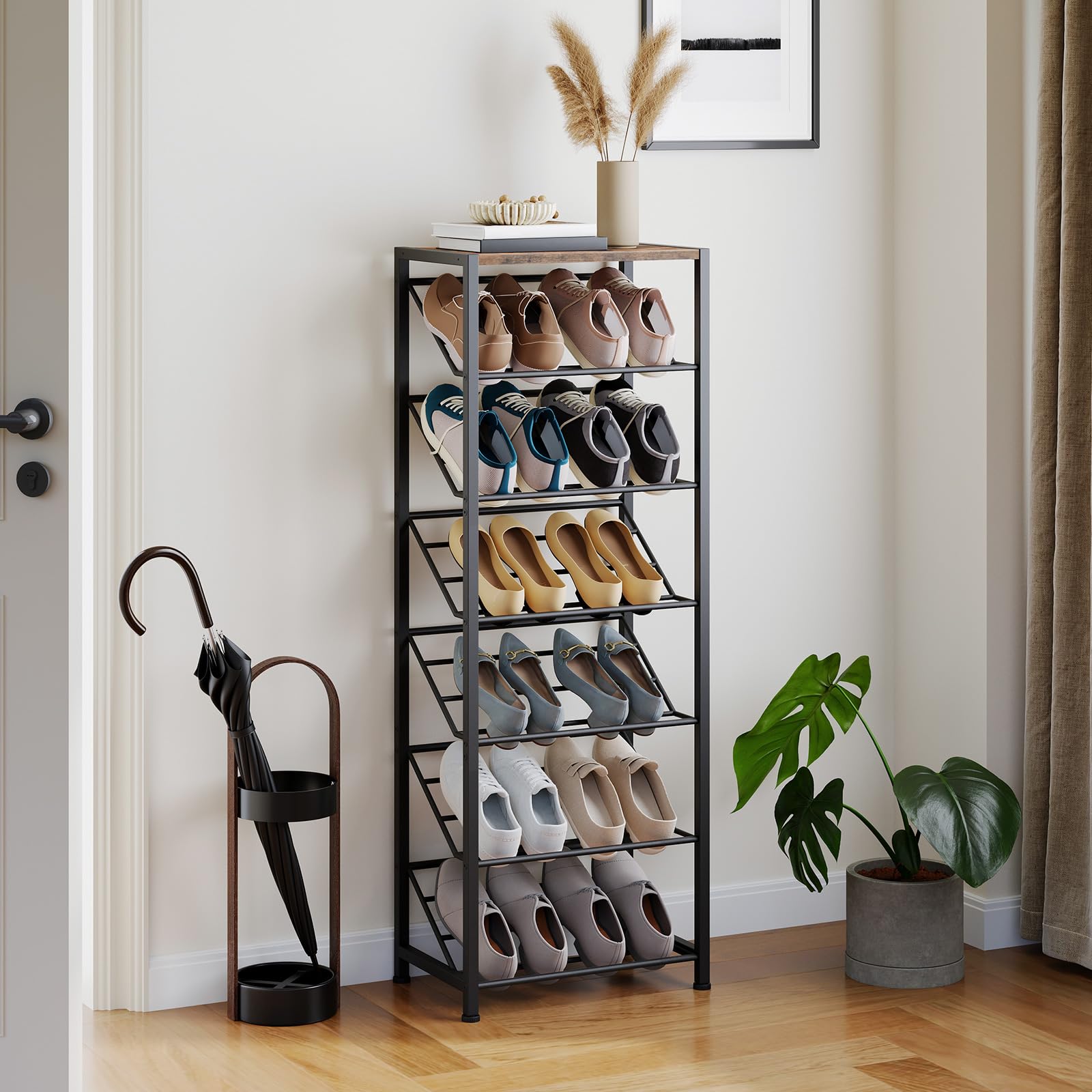 HOOBRO Étagère à Chaussures Rétro Étroite à 7 Niveaux, Étagère de Rangement Métallique de Style Industriel, pour Petits Espaces, Couloir, Chambre, Dressing, Marron Rustique et Noir EBF72XJ01