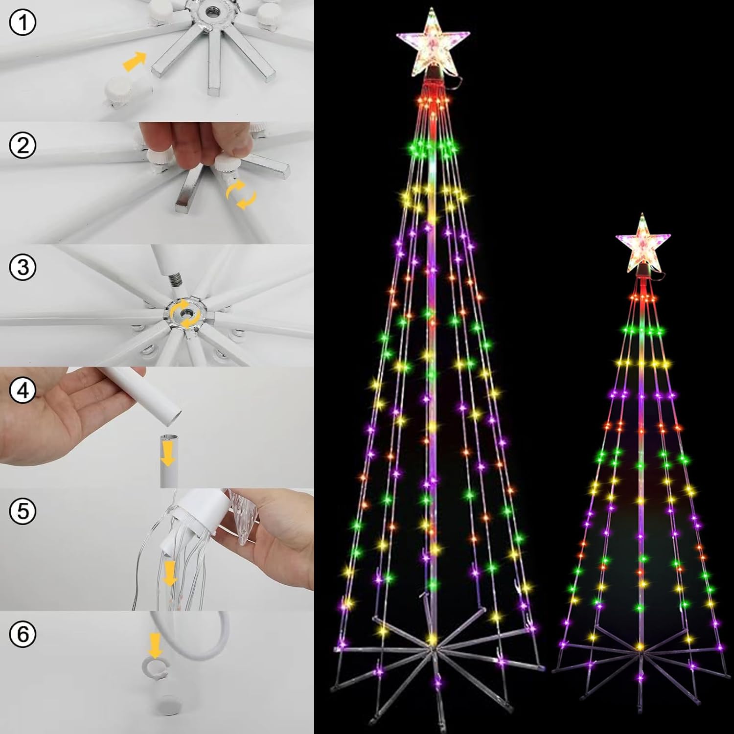 Guirlande lumineuse pour sapin de Noël avec cimier d'arbre, étoile de sommet alimentée par énergie solaire, 8 modes, minuterie, 1,8 m + 1,2 m, lumières LED étanches coniques pour intérieur ou