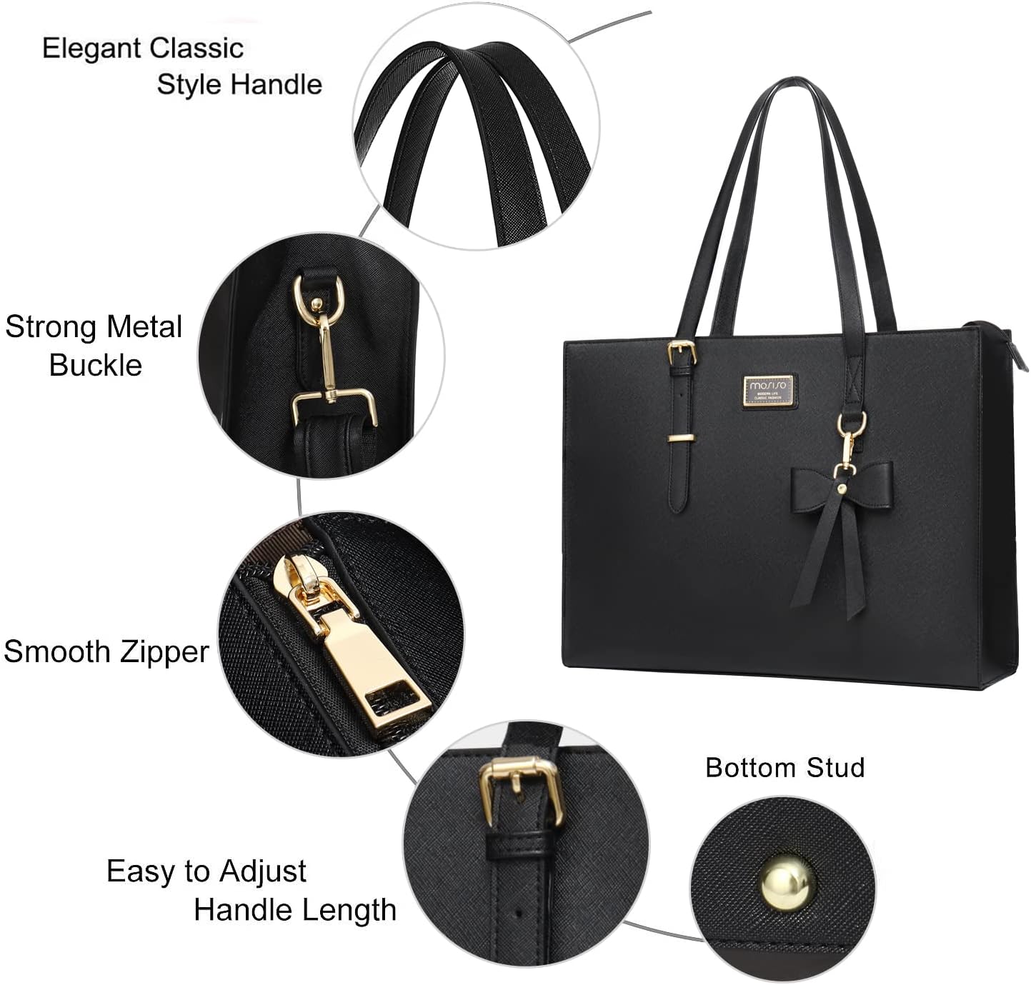 MOSISO Laptop Tote Bag for Women, 15.6 inch Large Capacity PU Leather Handbag Shoulder Professional Computer Bag Work Briefcase Messenger for Business Teacher Office with Bowknot & Small Purse, Black