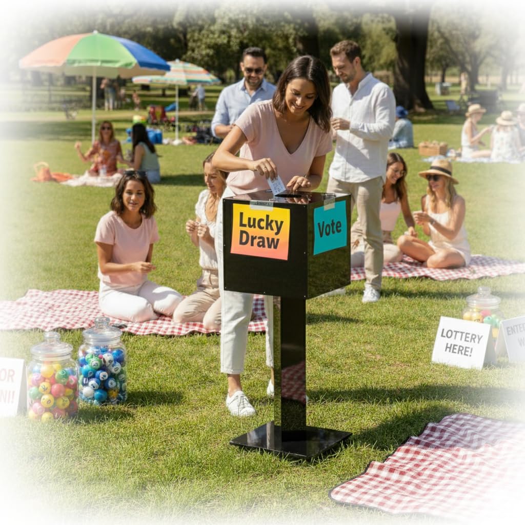 MOOFI Acrylic Raffle Box with Lock and Key for Office, Home, Event Donation with Stand for Charity Church Collection Offering/Suggestion Ballot Box with Sign Holder Display Stand (RaffleBox)