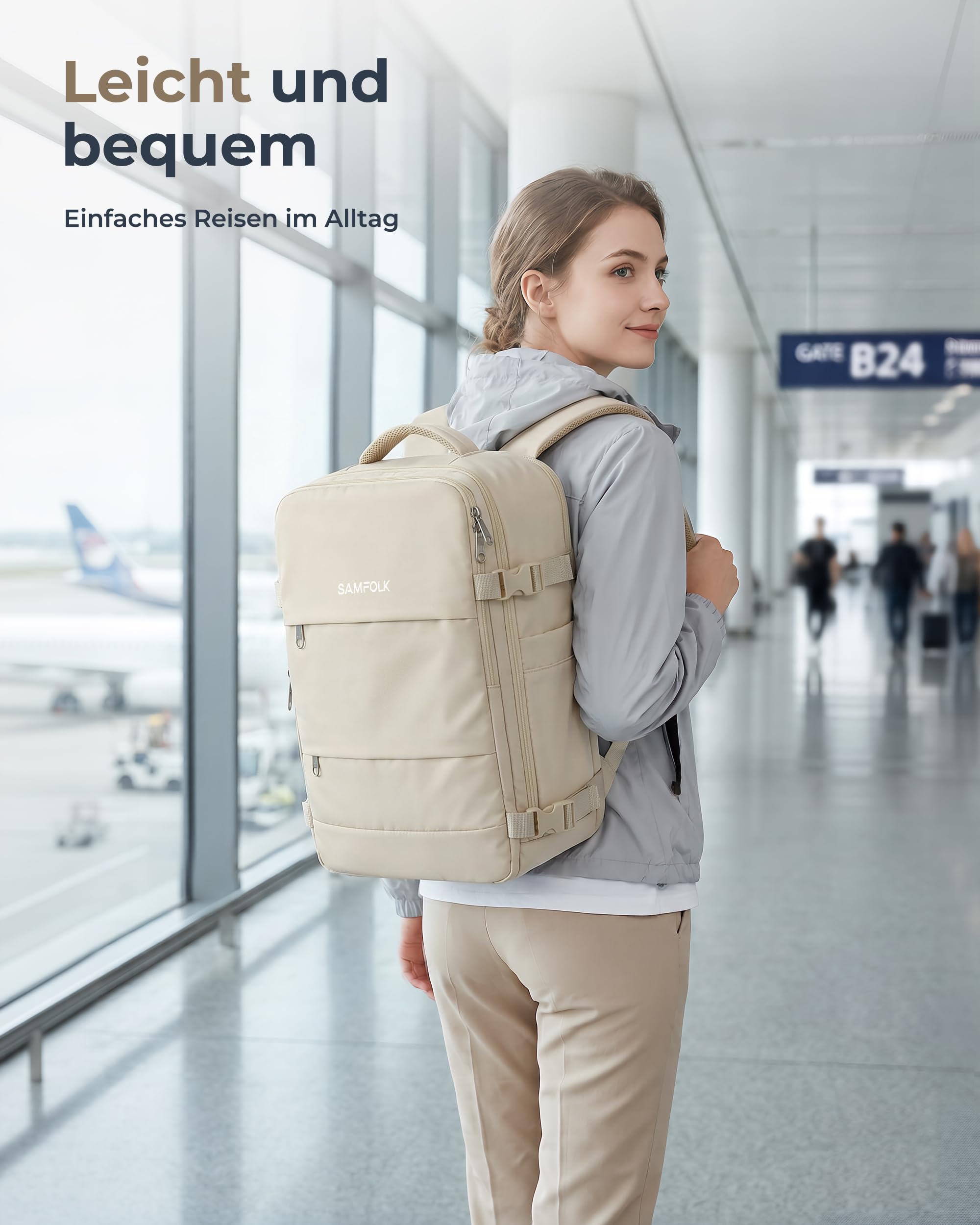 Samfolk Handgepäck Rucksack Ryanair Handgepäck 40x30x20 Travel Backpack 11 Taschen Carry On Bag Cabin Bags Mit Anti-Diebstahl-Tasche für Frauen & Männer Tragetasche Hand Luggage Backpack, 24L