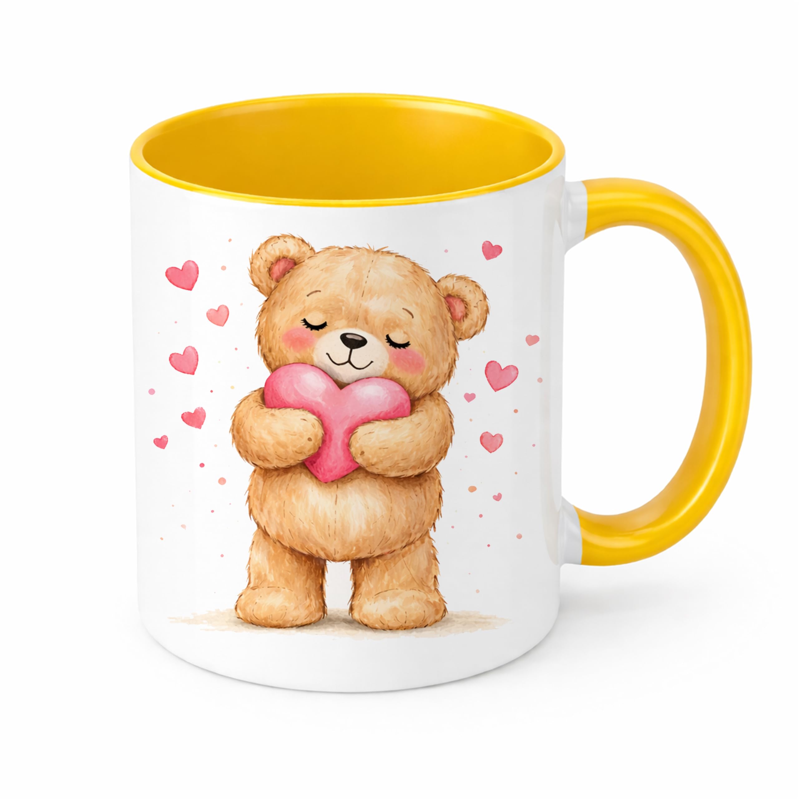 Brew Crew Gifts Love Heart Teddy Bear Mug, White Ceramic Coffee Mug with Watercolour Bear Design, Gift for Love and Friendship (Yellow)