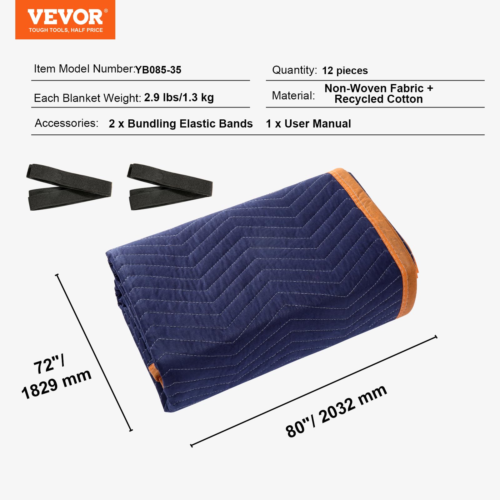 VEVOR Pokrowce do przeprowadzki mebli 2032 x 1829 mm Zestaw 12 pokrowców ochronnych do pakowania, solidna tkanina z włókniny z recyklingu do ochrony mebli podłogowych, ubrań, niebieski/pomarańczowy