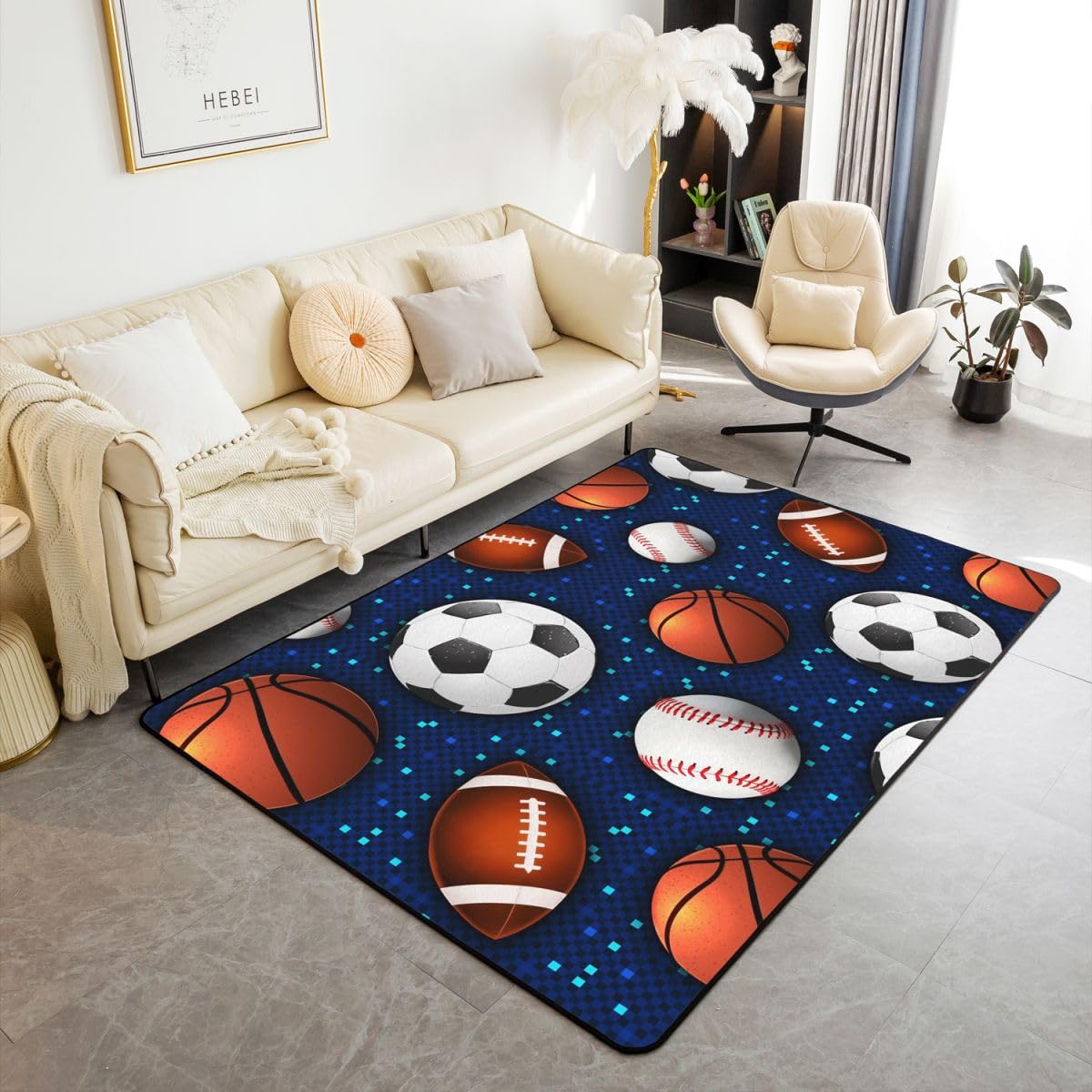 Erosebridal Ball Game Area Rug for Kids Boys Teens,Baseball Carpet 3x5,Basketball Soccer Indoor Floor Mat,Glowing Neon Sports Theme Area Runner Rug