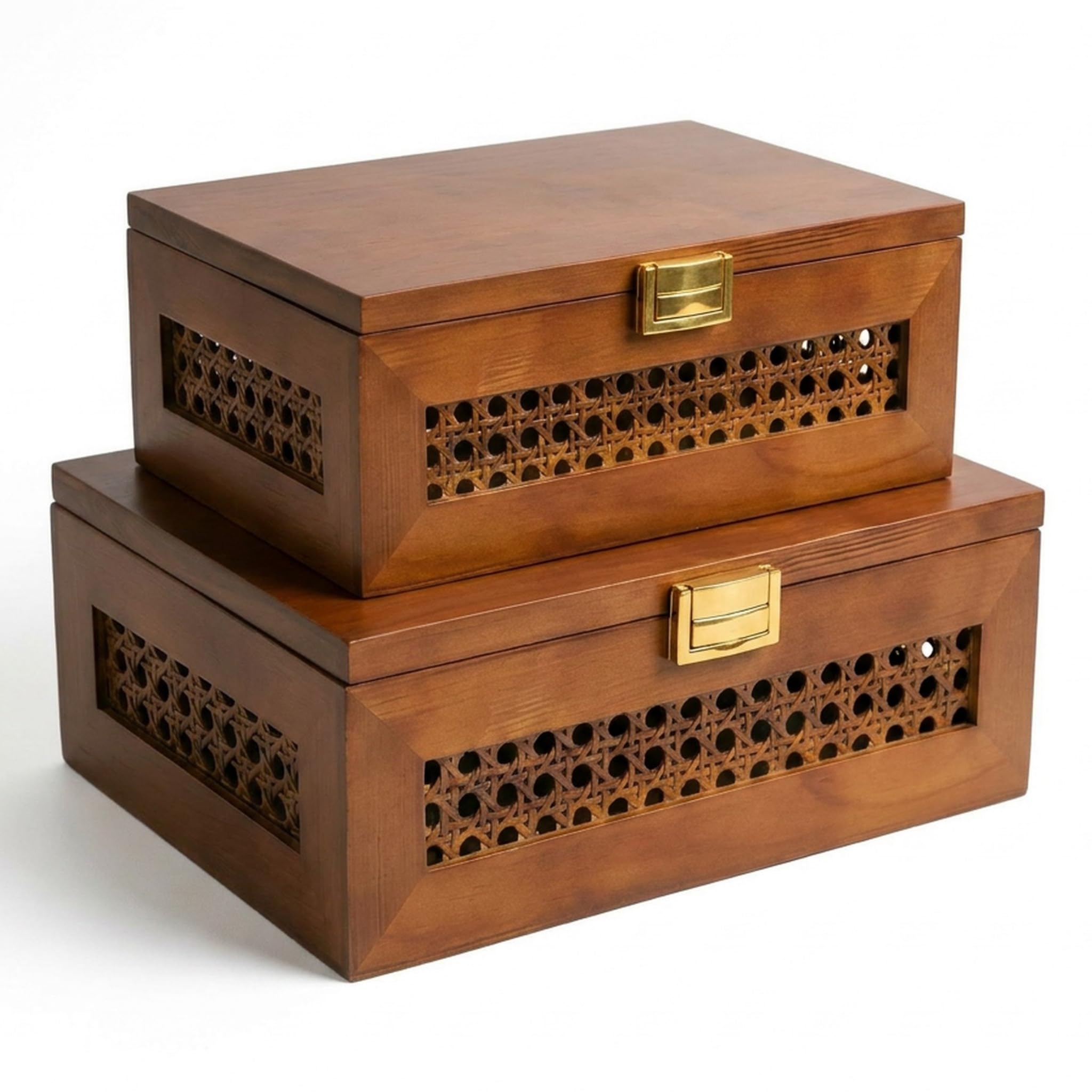 Elvida Interiors Natural Paulownia Wood And Cane Jewellery Storage Box, Wooden Keepsake Trinket Box With Hinged Lid And Clasp, Small, 25.5 X 17 X 10 Cm
