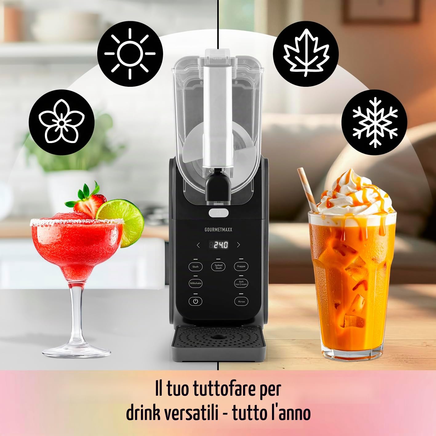 GOURMETmaxx FreezeUp Slush Eis Maschine | Slush Ice Maker con 5 modalità | Slushmaschine per Slushies, Milkshakes, Softeis ecc. | Slush Maker elettrico – 2,8 L | Macchina per ghiaccio Slush per fino a