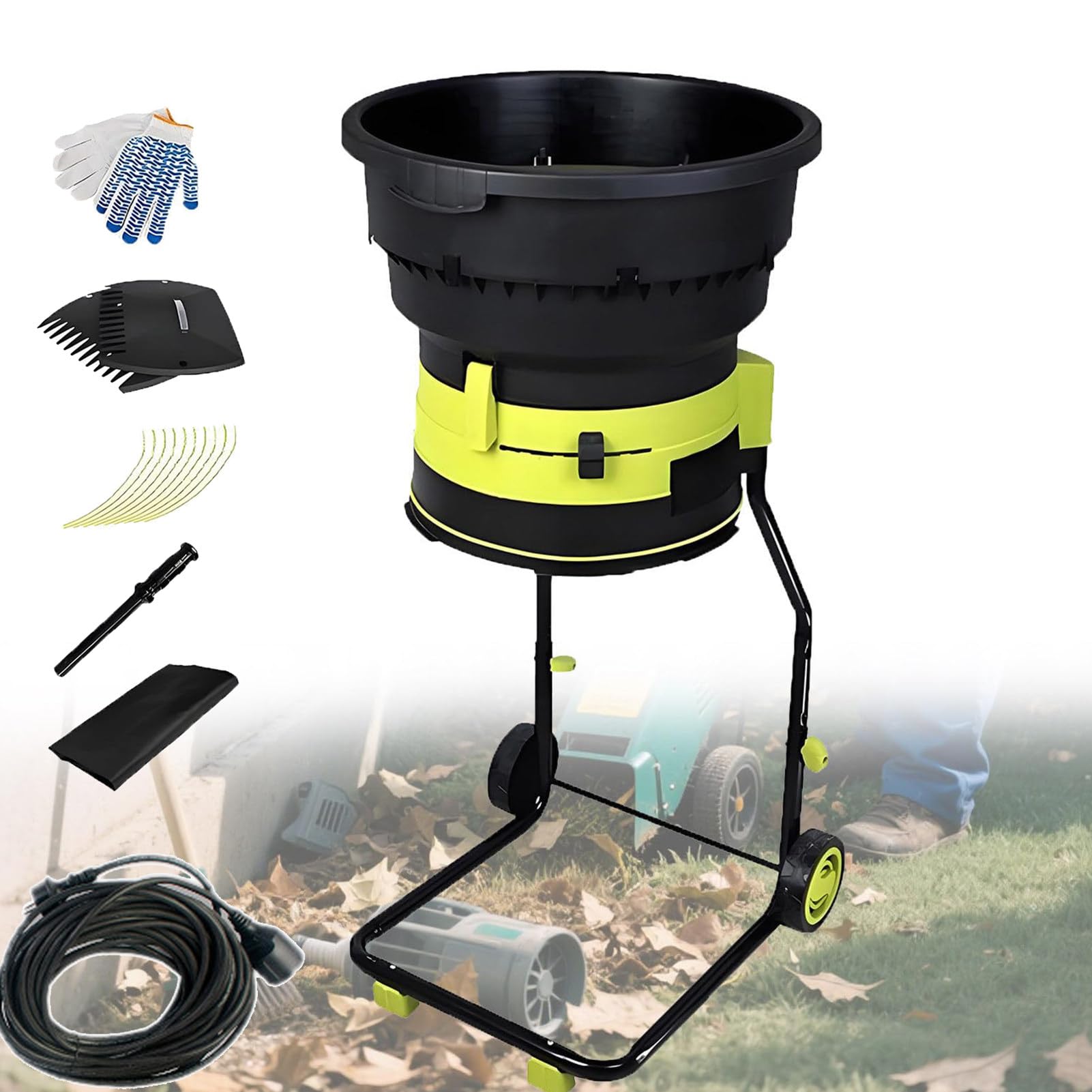 biotrituratore elettrico Tritafoglie da Giardino Elettrico,Diametro Tramoggia 54cm,Rapporto di Triturazione 17:1,Potenza 2500w,Velocità a Vuoto 8000giri/Min,Trituratore con Ruote Powercord×30m