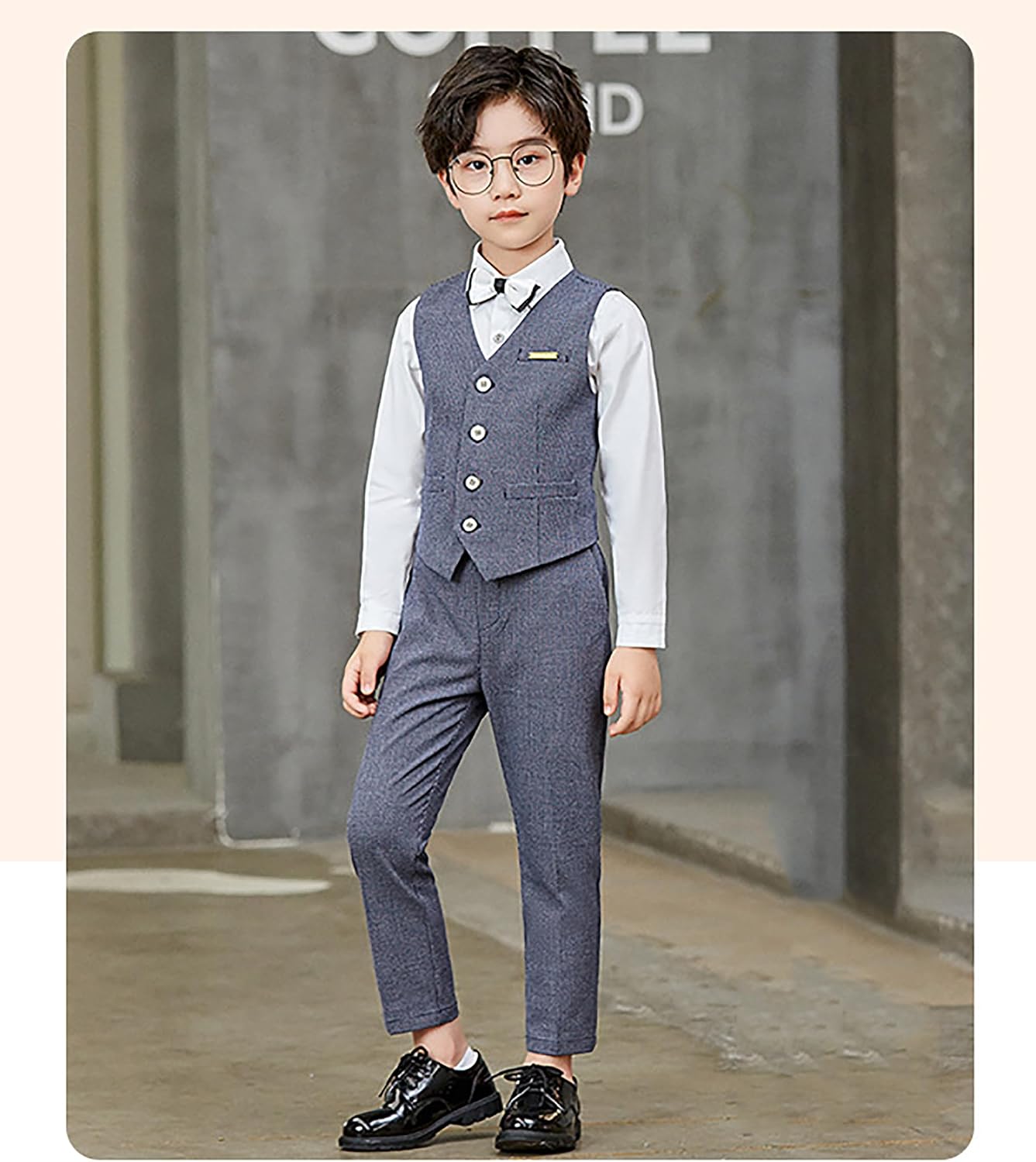 Boys Suit Vest Set 4-Piece Formal Suit Boy Long Sleeve Shirts Vest and Pants Outfits Set with Tie Bow