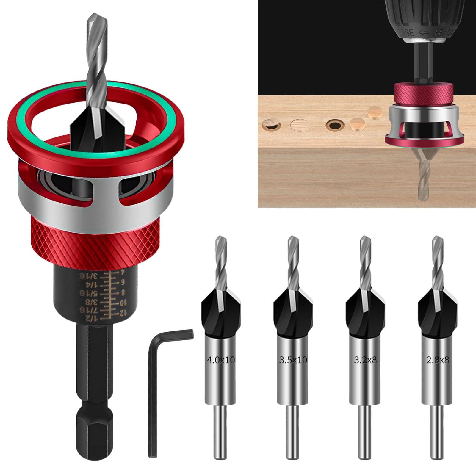 BIGP Juego de 4 avellanadores cónicos con tope de profundidad | Vástago hexagonal de 1/4" HSS-M2 | Para taladrado cónico preciso en madera (2,8/3,2/3,5/4,0 mm) | Incluye portabrocas y llave hexagonal