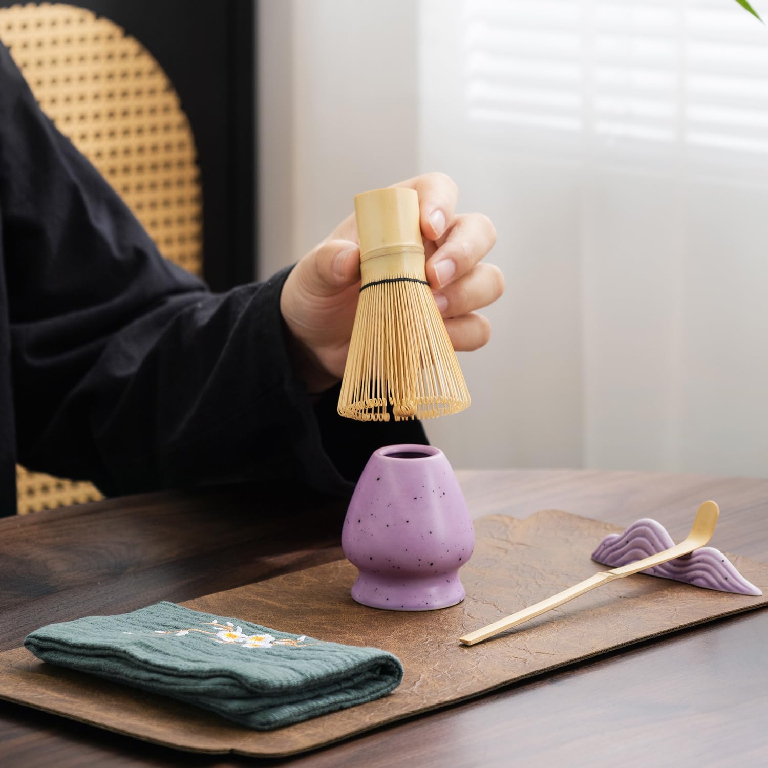 7Pcs Japanese Matcha Tea Set, Matcha Kit with Matcha Bowl (with Pouring Spout), Matcha Whisk, Whisk Holder, Strainer - Elegant Matcha Set for Gifting and Personal Use, Gift Box Packaging (Purple;) image 5