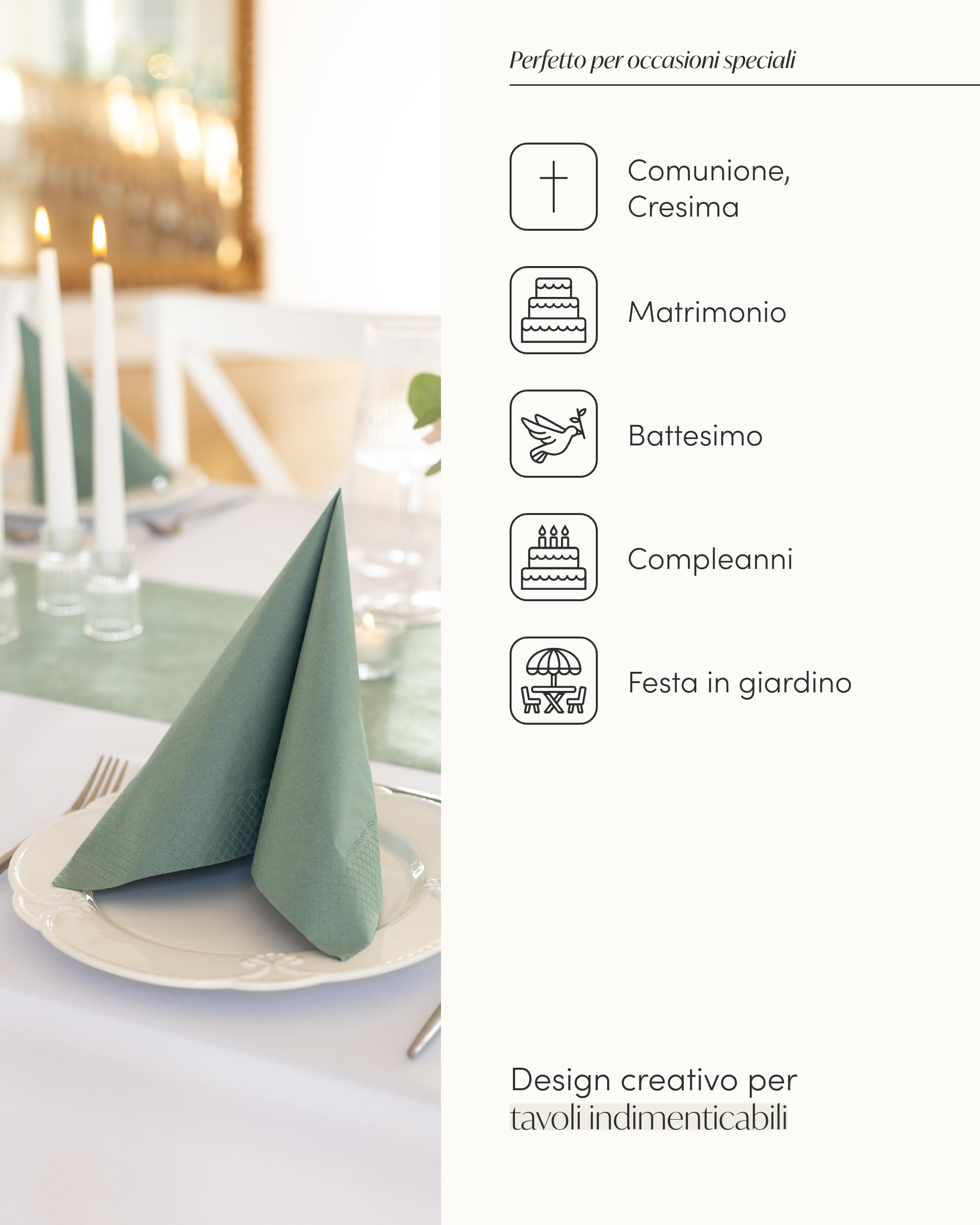 100%Mosel Set Decorazione Tavola – Verde Eucalipto (25–50 ospiti) Runner in TNT e Tovaglioli di Carta per Matrimonio, Battesimo, Comunione & Compleanno
