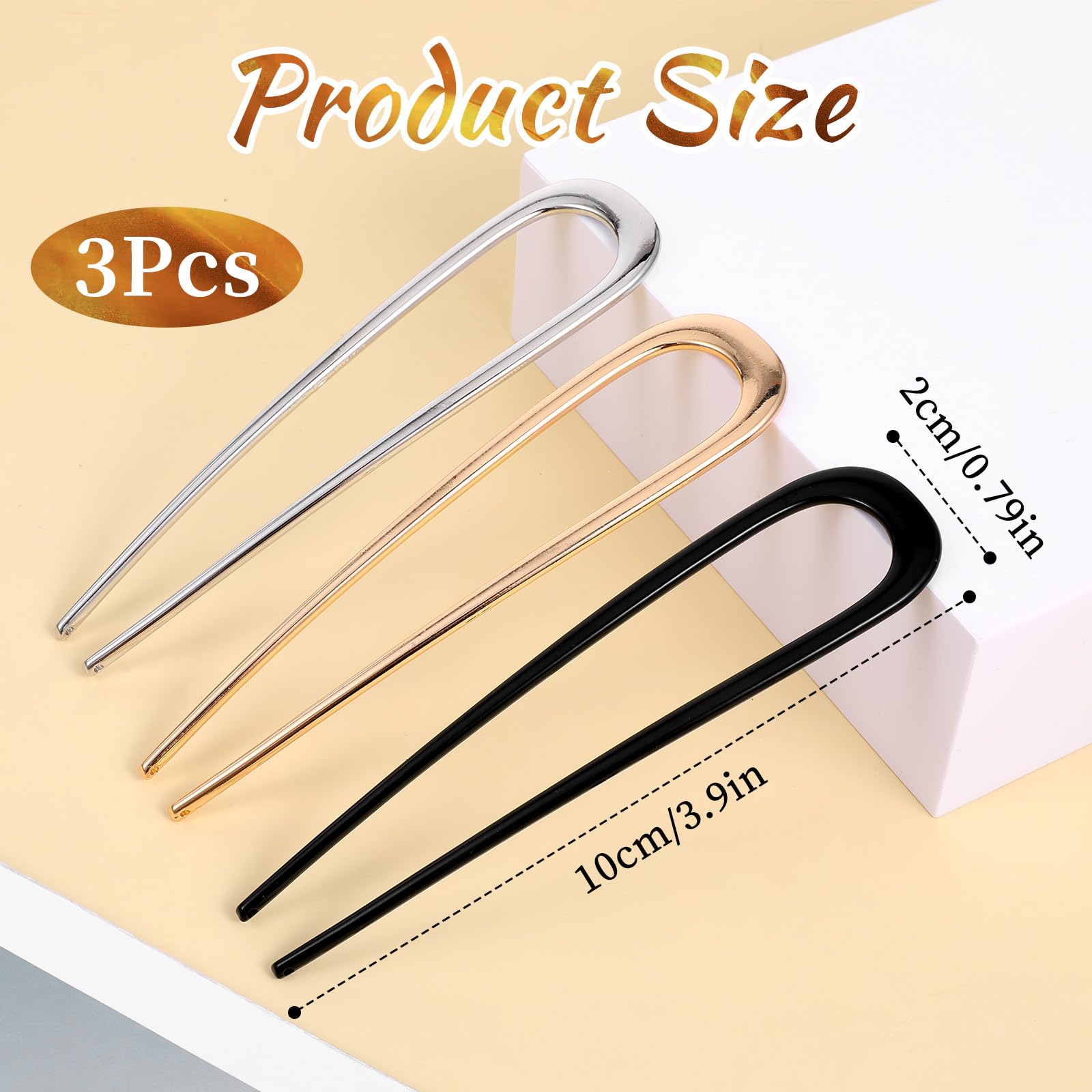 Lnngub 3 Pcs French Hair Pins for Women,French Twist Hair Pin Metal French Hair Pin French Pins Hair U Shaped Hair Pins 5.5 Inches Large French Hair Pin Hairstyle Accessories (Black,Gold,Silver) - Image 2