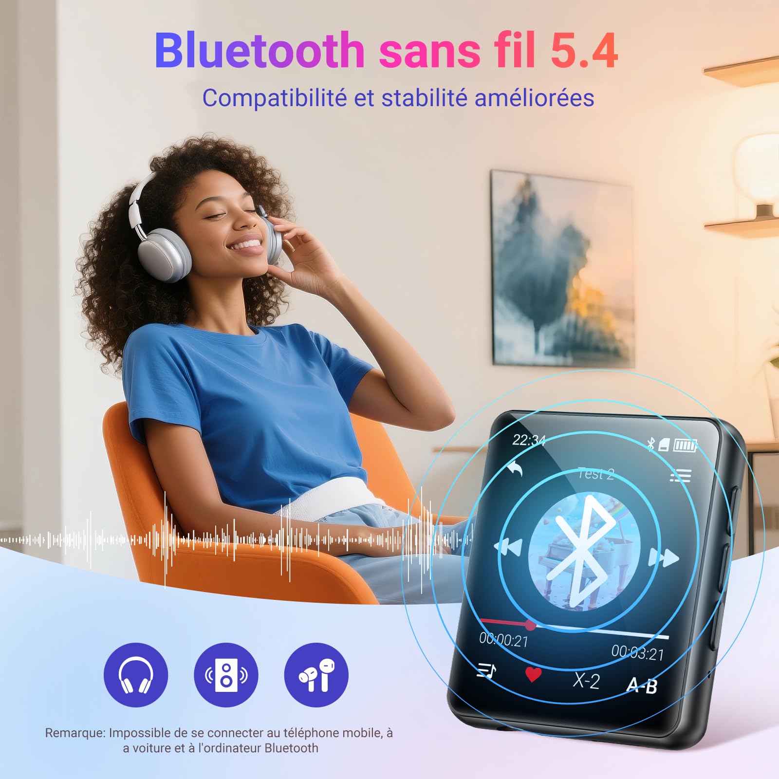 Lecteur MP3 Bluetooth, 128 Go Lecteur de Musique, Haut-Parleur Intégré et Radio FM, Mini écran Tactile de 1,8'' MP3 - Parfait pour Enfants et Les Sports (Noir)
