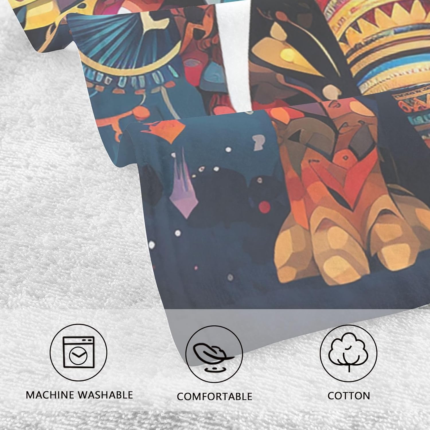 Hand Towels 2 Pack Vivid Tribal Elephant Print 16×28 in, Cotton Bath Towels Lightweight Quick Dry