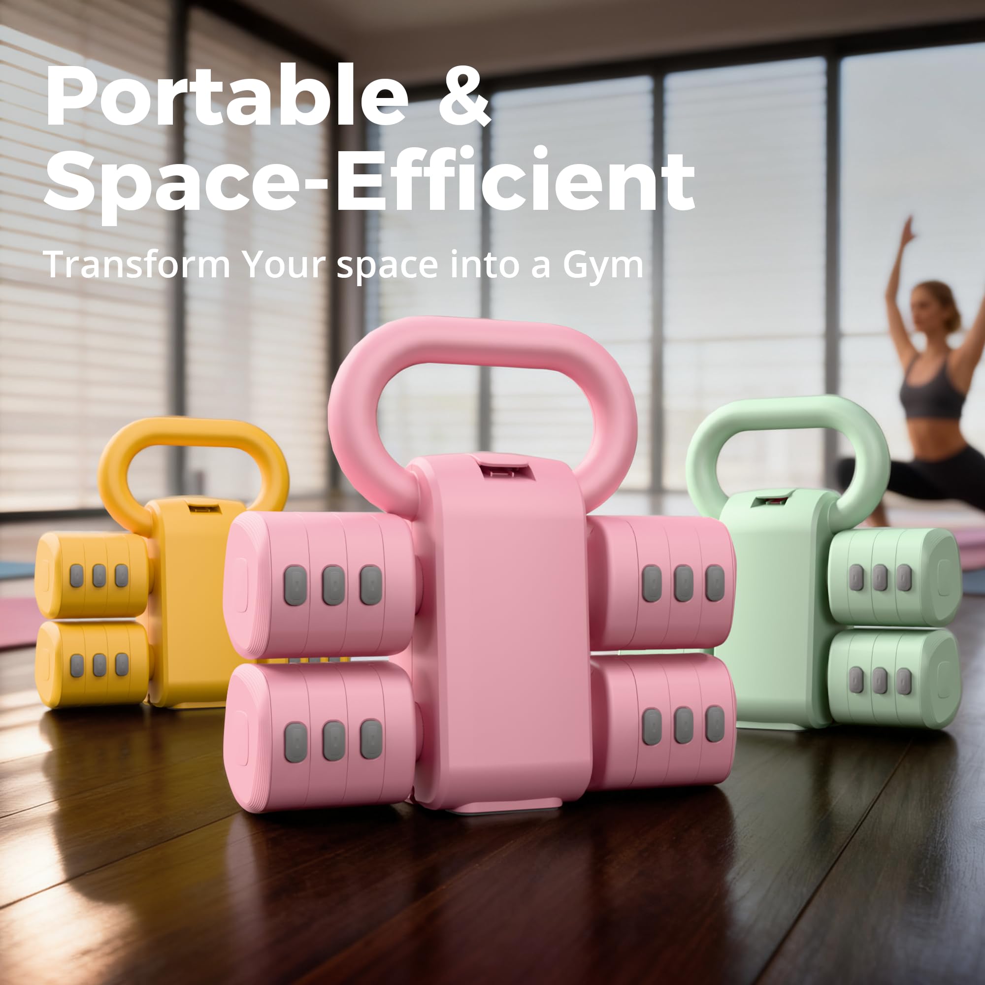 RYGEO Set di manubri regolabili 2 in 1 per donne, kettlebell a 4 livelli (da 1 kg a 5 kg), attrezzature per il fitness a casa