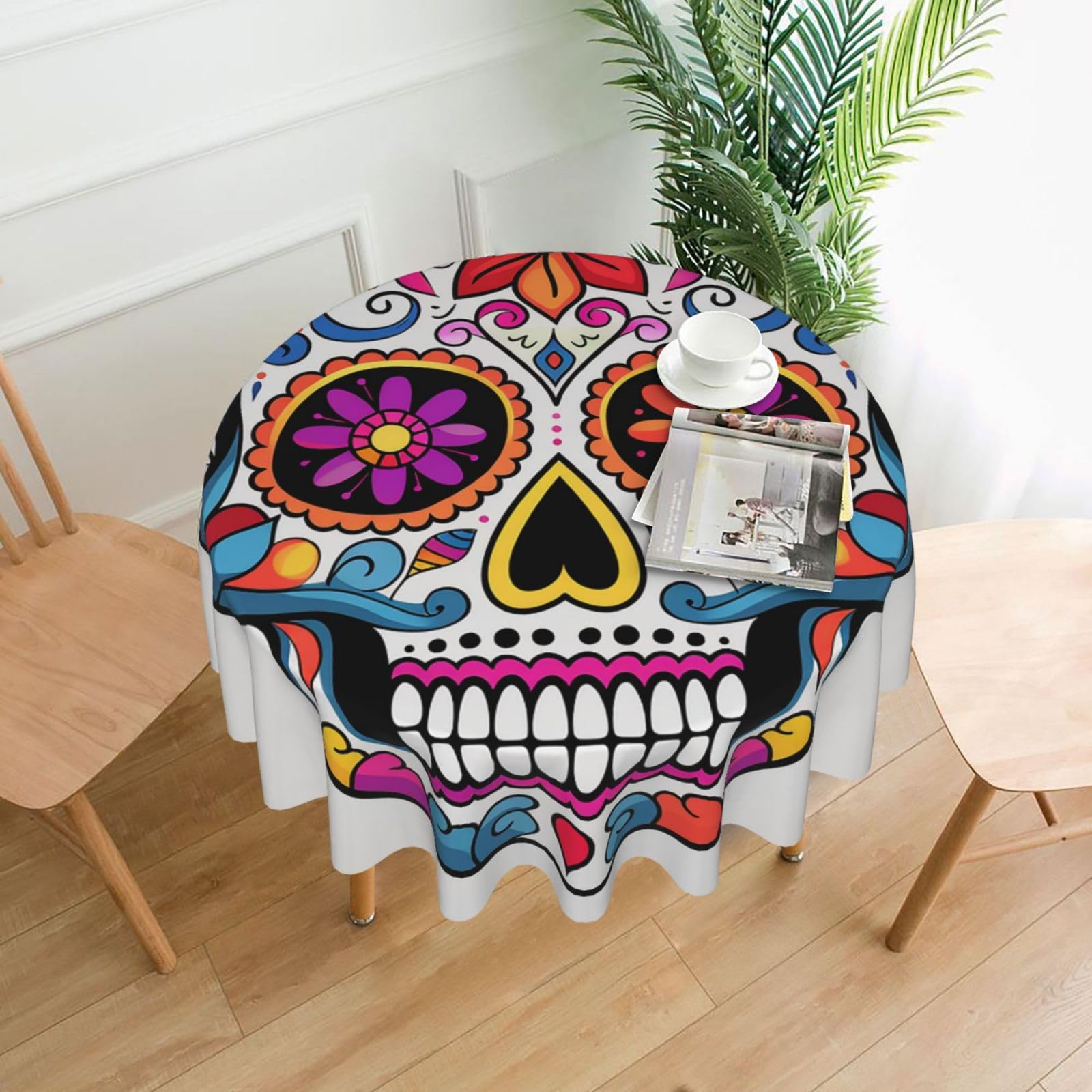 QMKFWT Sugar Skull Printed Round Tablecloth,Dust-Proof Wrinkle Resistant Table Cover Washable Polyester Table Cloth for Kitchen Dining Room Farmhouse Picnic Indoor Outdoor(Round 60 Inch)