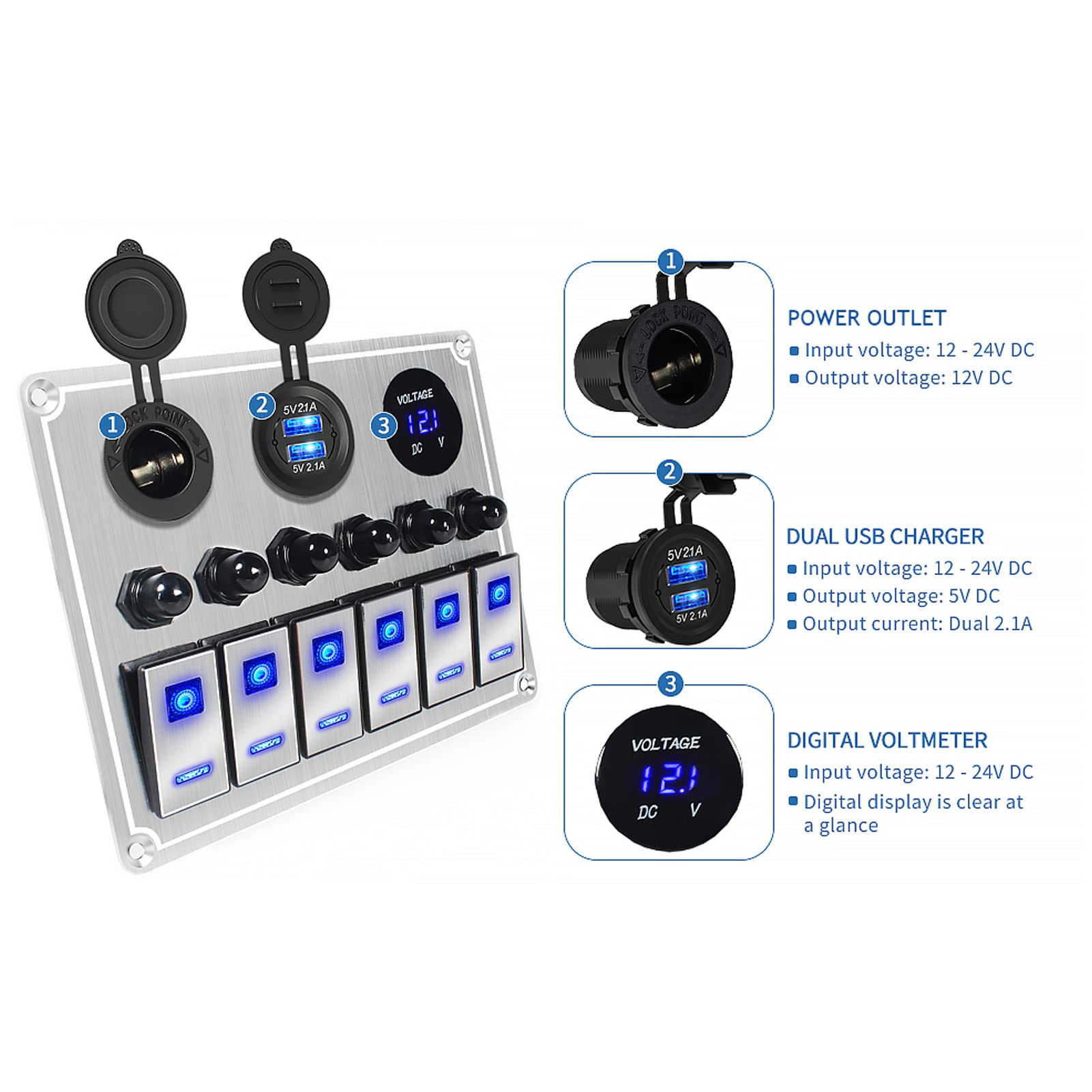 Pannello interruttori a bilanciere a 6 bande 12V 24V Pannello interruttori a levetta a 5 pin con doppio LED blu e interruttore automatico per auto, roulotte, moto,