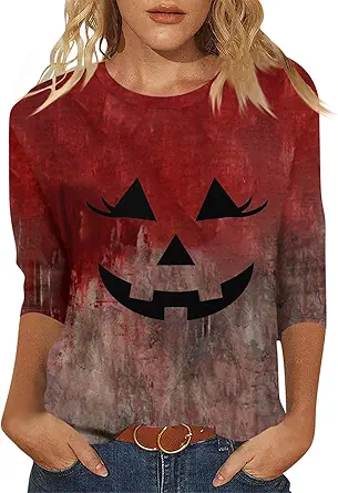 Halloween Shirts for Women 3/4 Sleeve Plus Size Crewneck Loose Fit Cute T Shirt Halloween Costumes for Women 2025