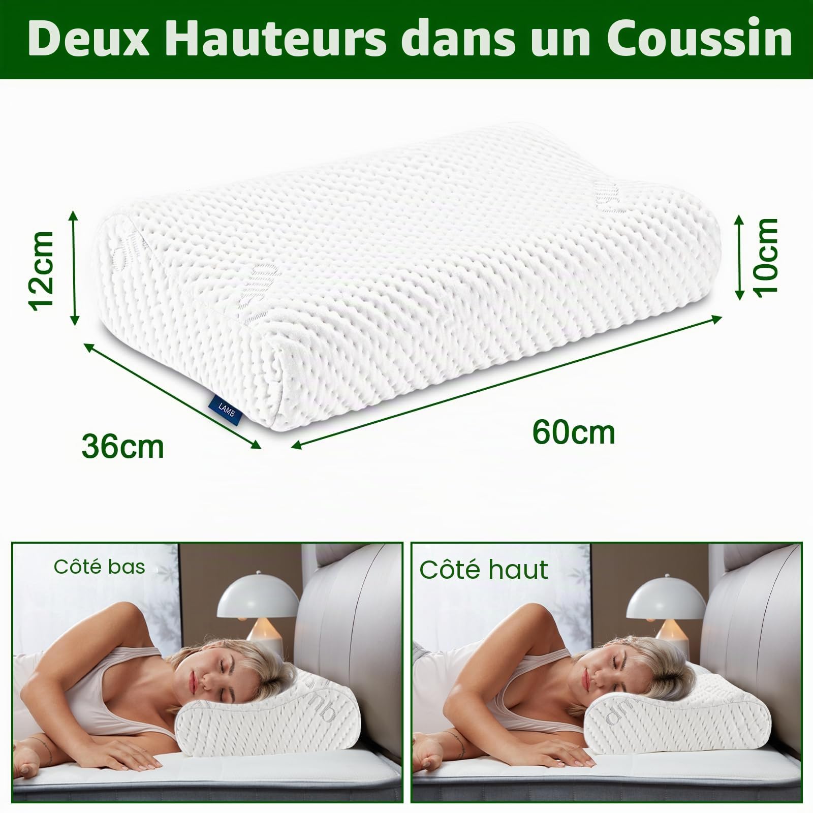 LAMB Oreiller Ergonomique Cervical à Mémoire de Forme, Réglable Hauteur, Oreiller Hypoallergénique Lavable de Soutien Doux Prime