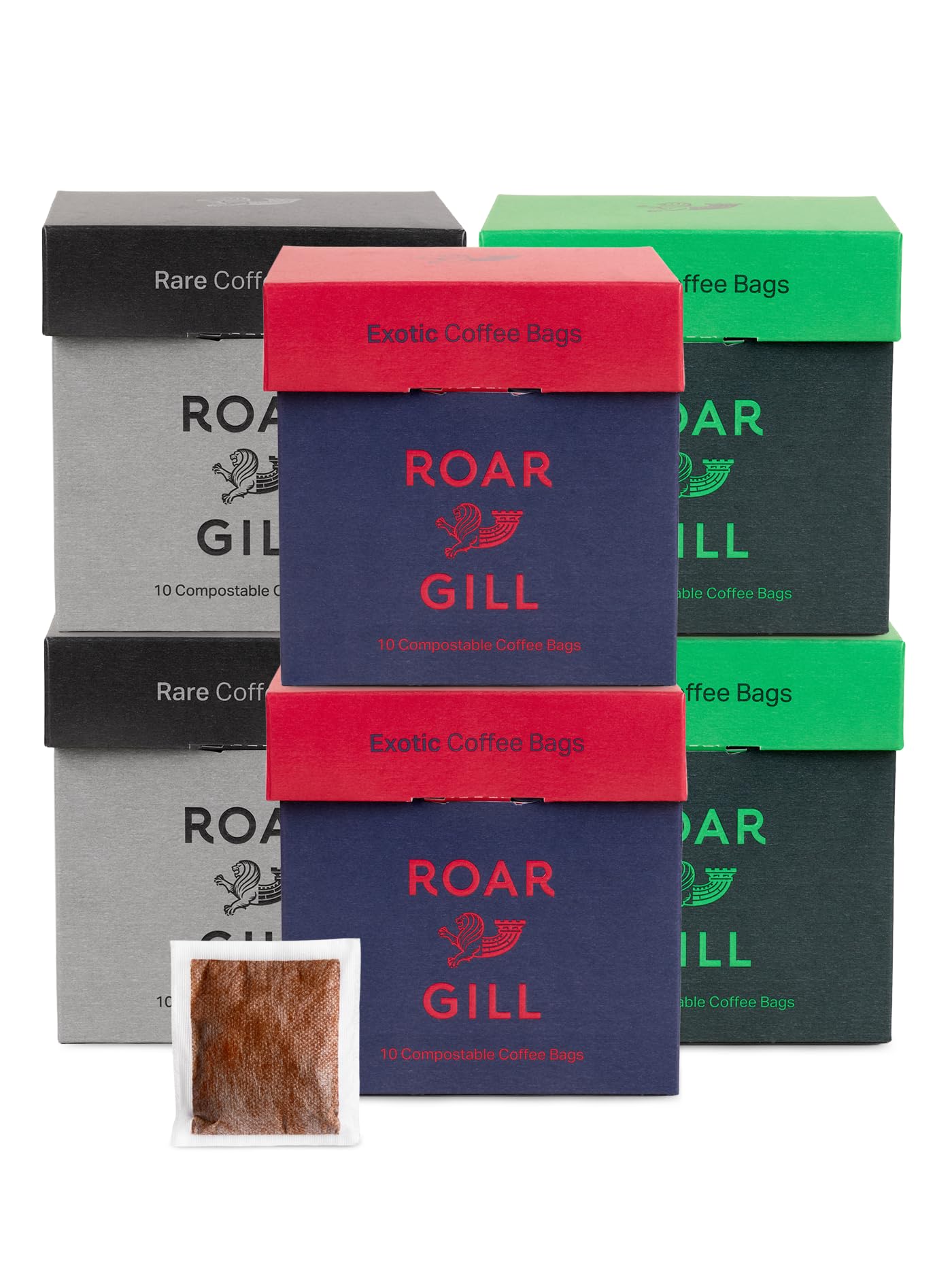 Roar Gill Specialty Coffee Brew Bags Variety Gift Pack - 60 Individually Wrapped Premium Ground Coffee Bags, Includes Bold, Exotic & Rare, Home Compostable - No Machine Needed