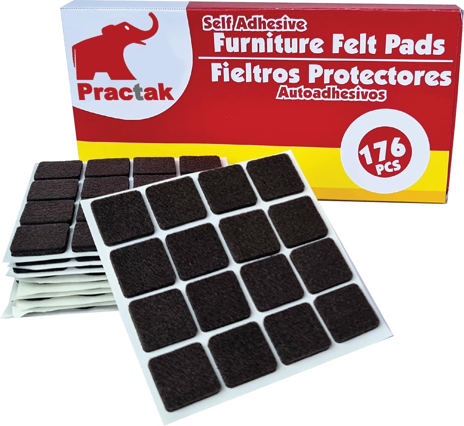 Square Felt Furniture Pads 1 x 1 Inch Brown 176 PCS – Self Adhesive Heavy Duty Floor Protectors for Hardwood Laminate Tile Vinyl – Chair Table Leg Scratch Noise Protection