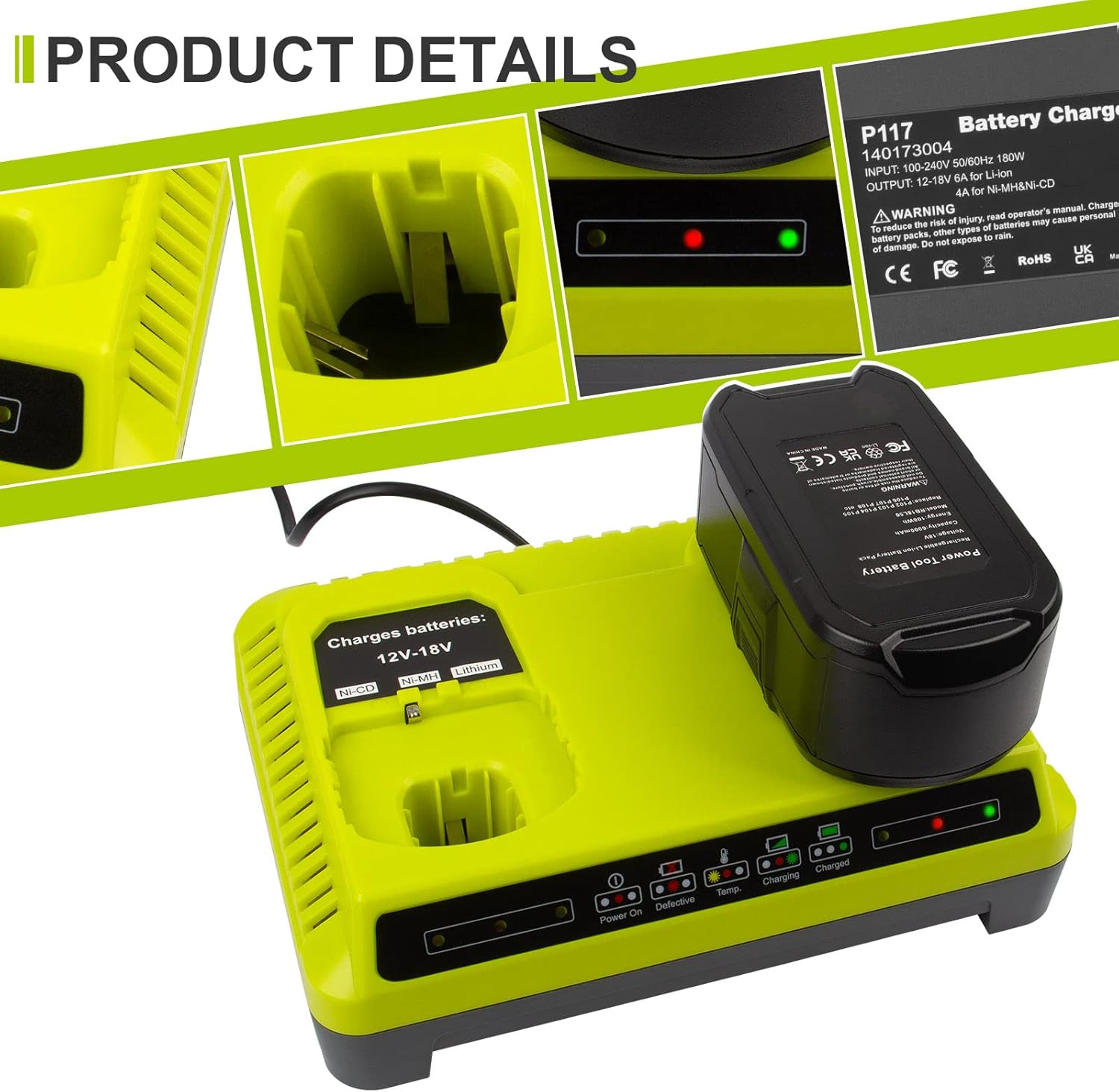 ARyee 2 Ports P117 Replacement Ryobi Dual Charger for Ryobi 18v Battery ONE+ P117 P118 12V-18V Max Li-Ion NiCd NiMh Battery P100 P102 P103 P105 P107 P108 Battery Dual Chemistry Fast Charger - Image 4