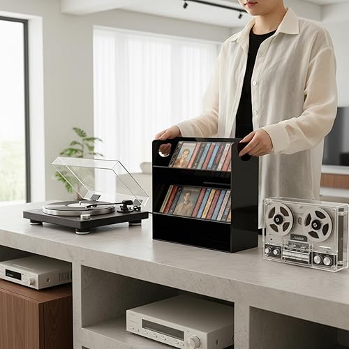 Miniatura 4 de Kathfly Soporte de cinta de casete de acrílico transparente moderno de 2 niveles para cinta de audio retro, estante de almacenamiento con asas