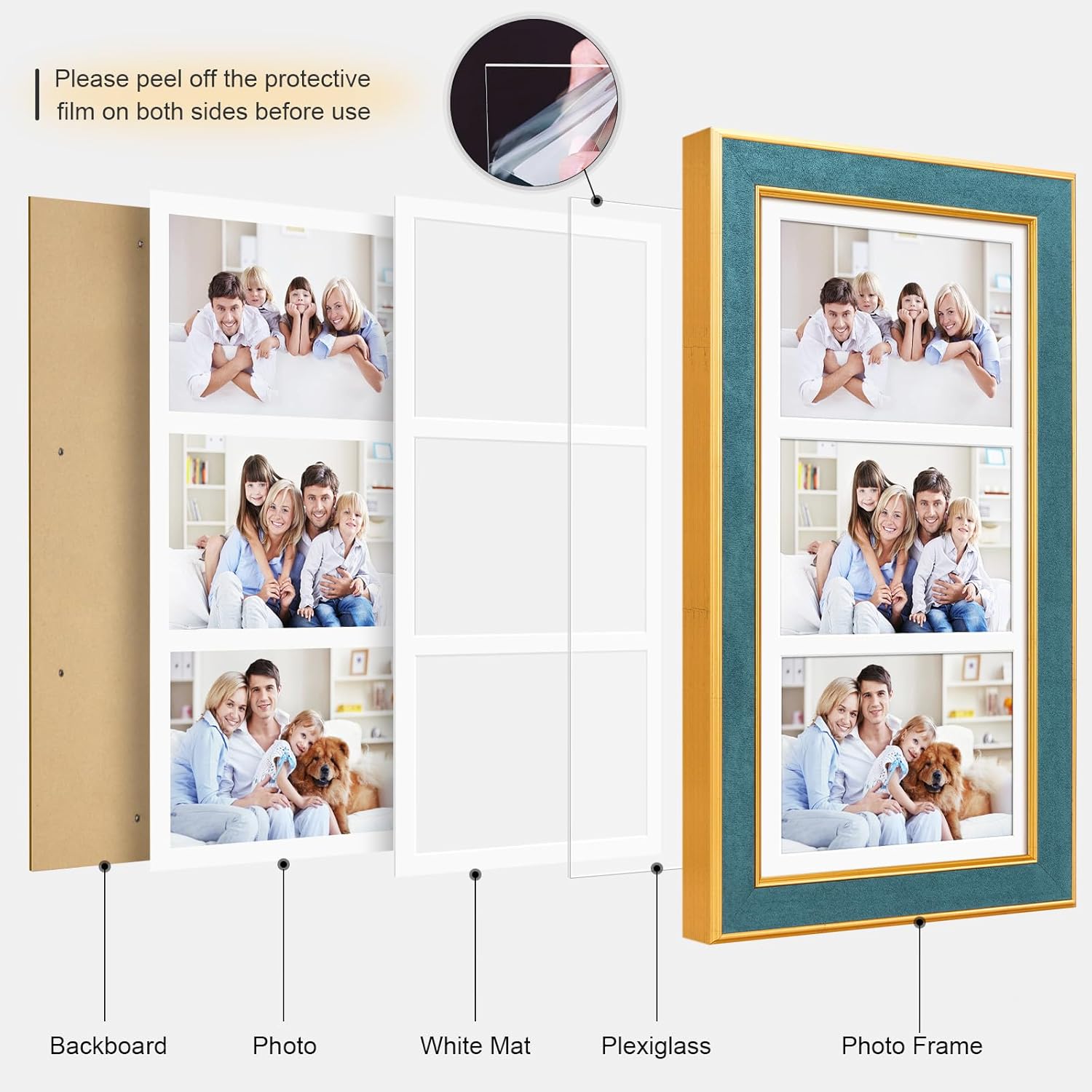 Suede 8x16 Picture Frame Display 3 Opening 5x7 Picture Frames Collage Wall Decor with Mat,Multi Photo Frame for Plexiglass,Wall Decor,1Pack,Blue