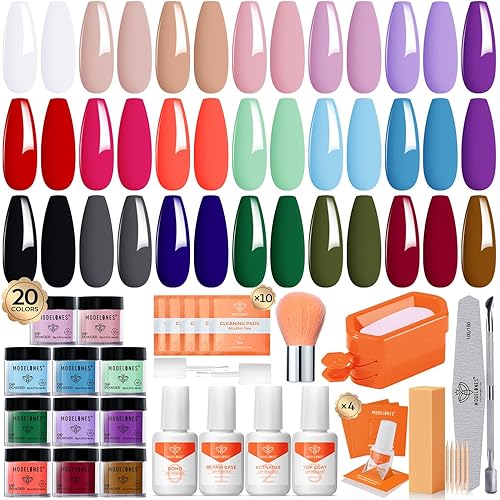Modelones 20 Colors Dip Powder Nail Kit, Spring Summer Neon Orange Blue Black Pink Purple DIY Manicure Dipping Powder Kit Starter Set System with Activator Base Top Coat Gifts for Women