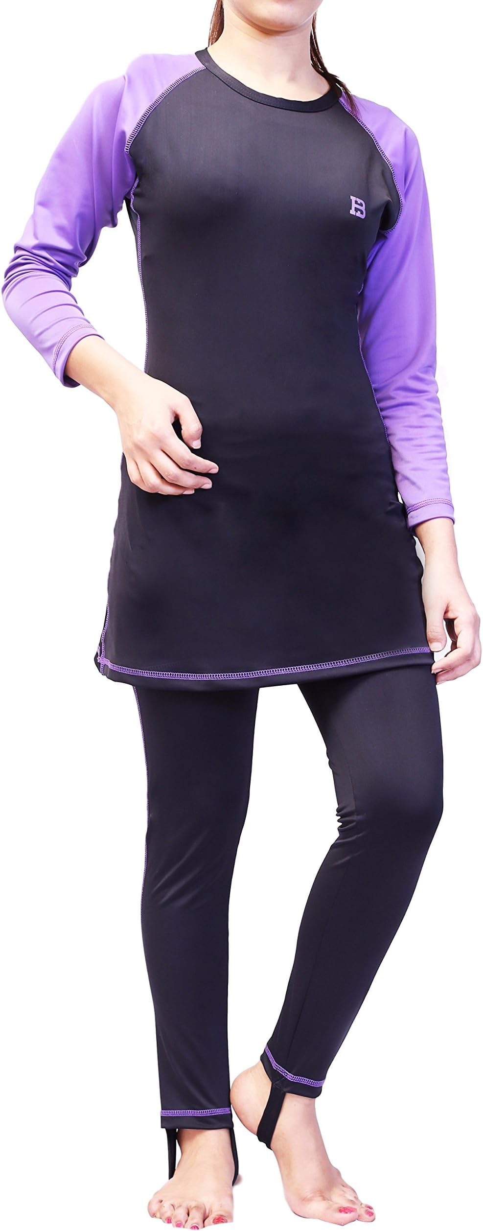 Huxlay Bros HB Ladies Classic Modest Swimwear, Full Length Modest Swimwear. Purple Black, 7707