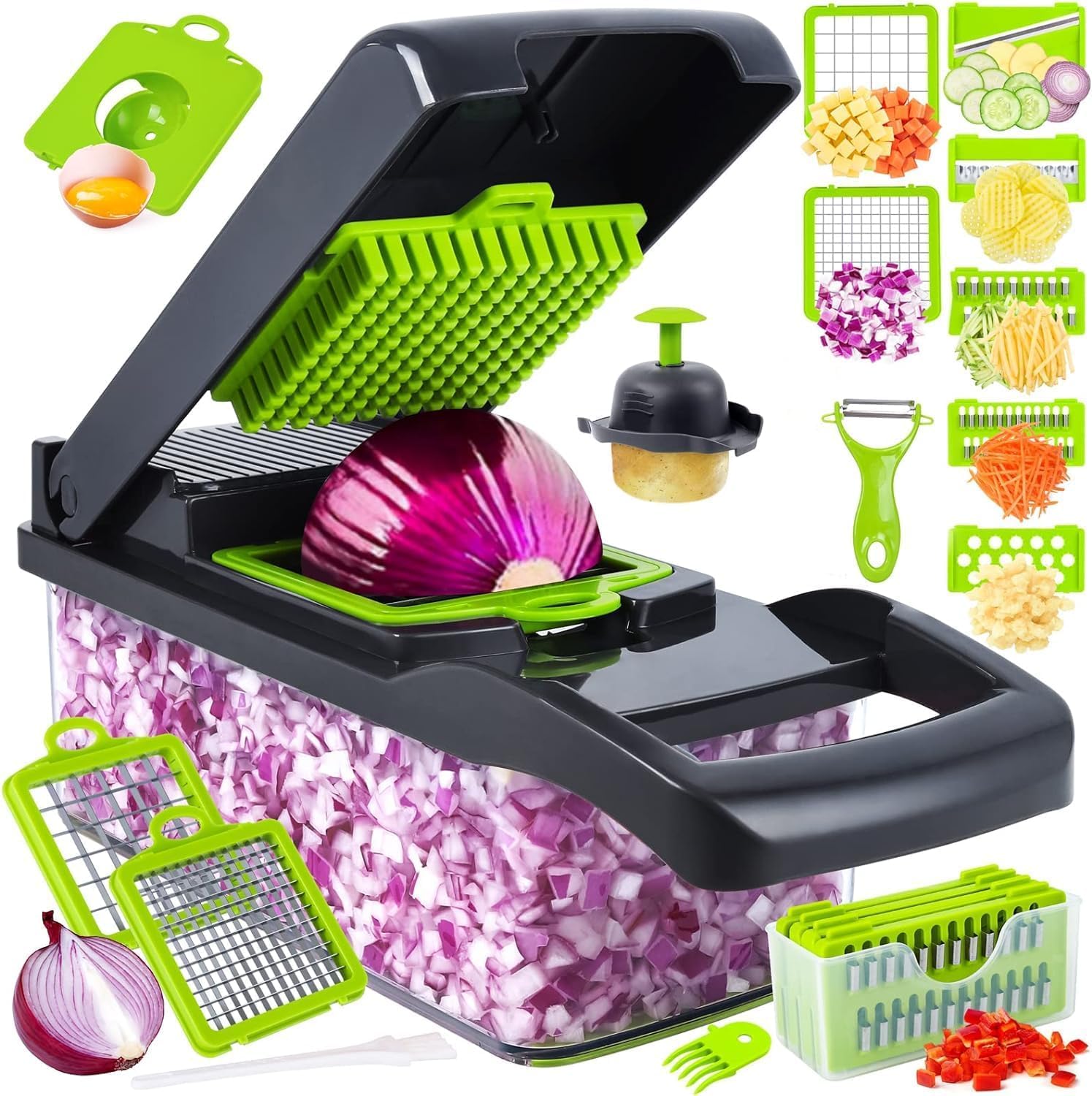 Vegetable Chopper 16 in 1 with Container, Veggie Chopper Food Chopper and Dicer, Onion Chopper Vegetable Cutter with 8 Stainless Steel Blades, Easy Meal Prep Kitchen Tool, (Green)-image-4