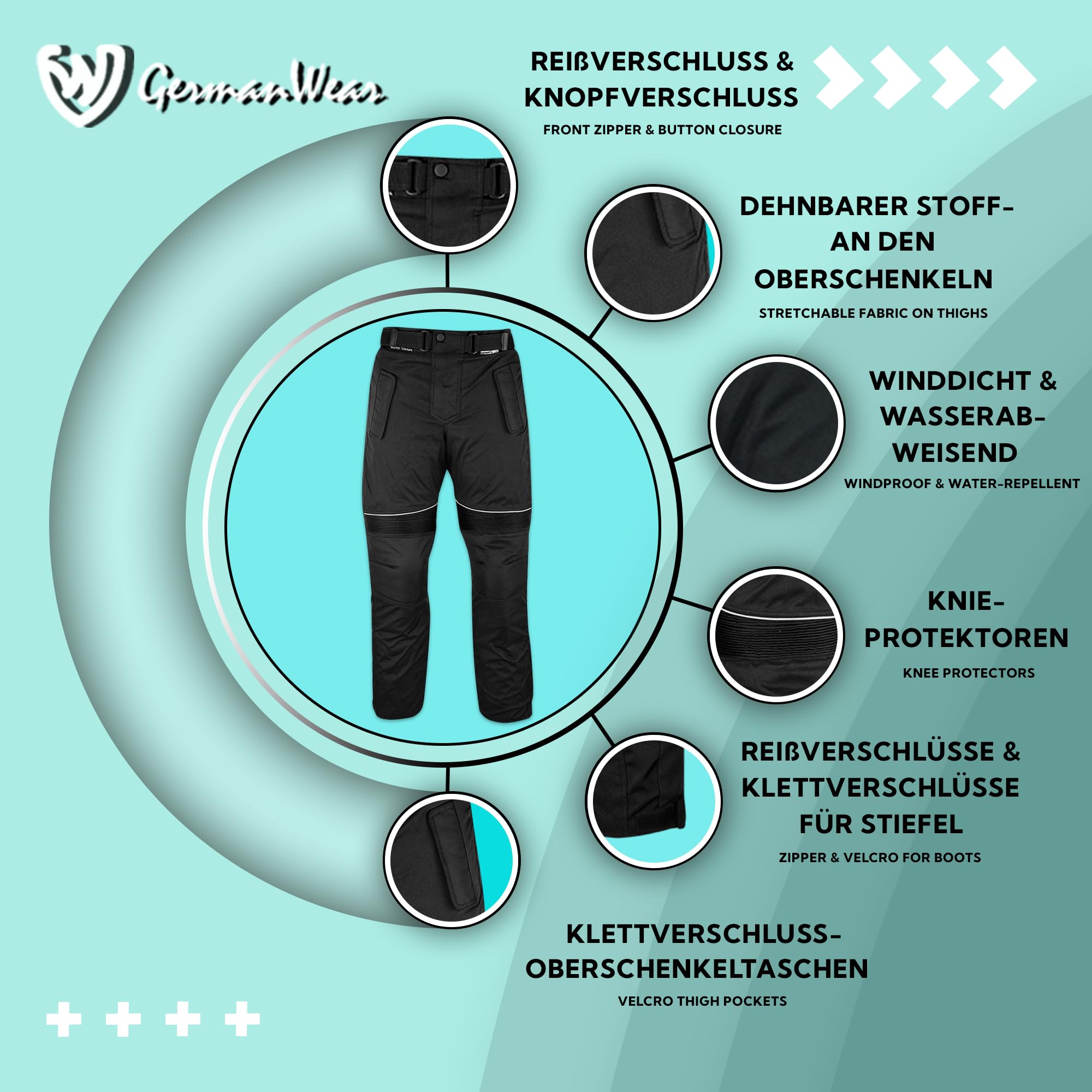 German Wear Pantalon de moto pour homme avec protections 2CE – Coupe-vent Biker Quad Textile – Doublure thermique lavable et amovible – Fermeture éclair combinée, Taille élastique – 4 couches & 2