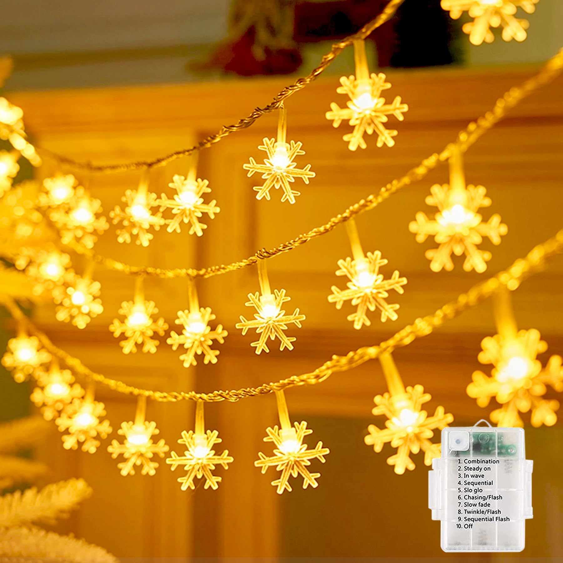 Laihur Snowflake String Lights, 4M/13ft 40LED String Fairy Lights, 8 Lighting Modes Christmas Lights for Cafe, Party, Camping, Birthday, Indoor/Outdoor, Warm White