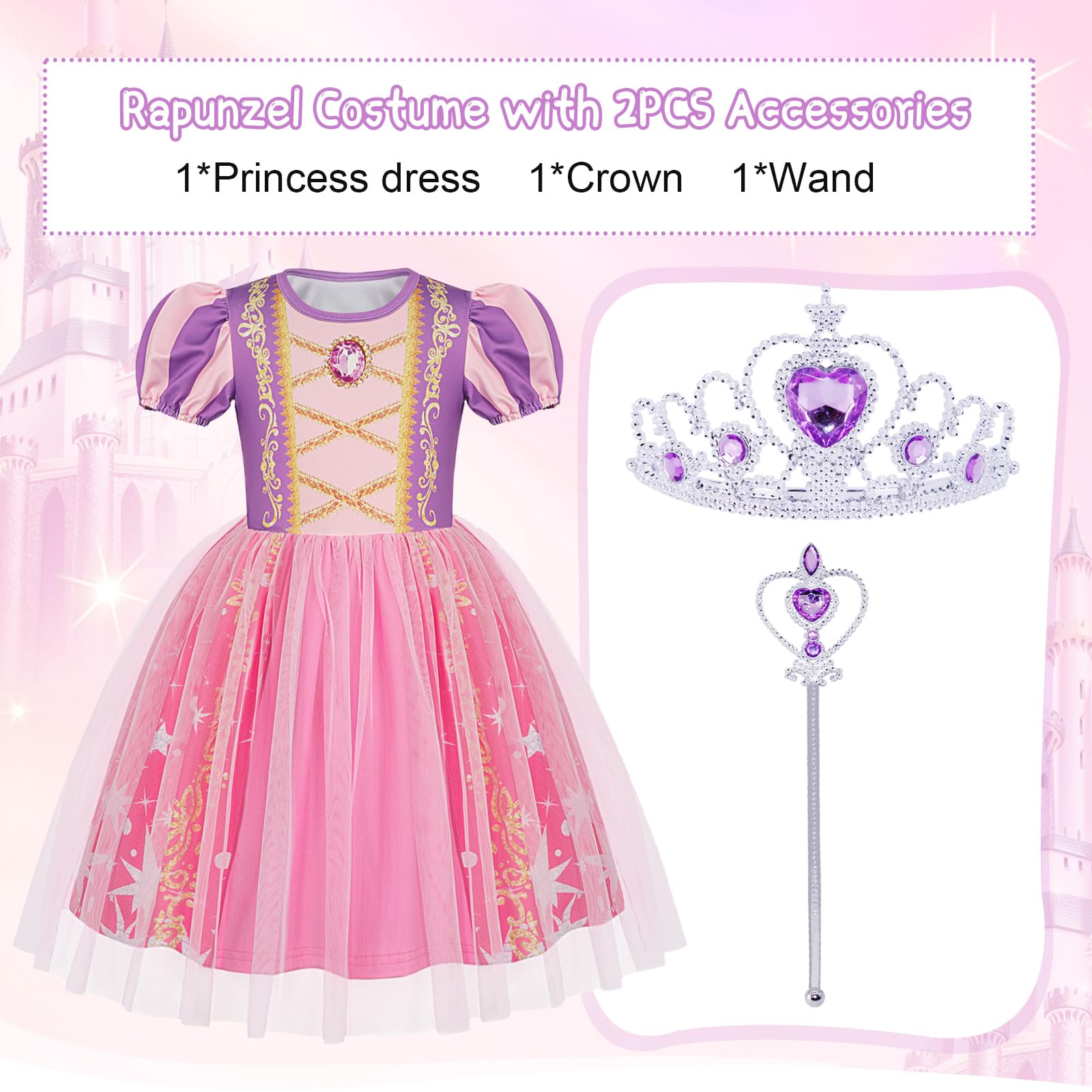 Berich Purple Fancy Dress with Crown Princess Costumes for Girls Halloween Outfits Christmas Gifts World Book Day Costumes for Girls Princess Dress 5-6 Years(Purple,130) - Image 3