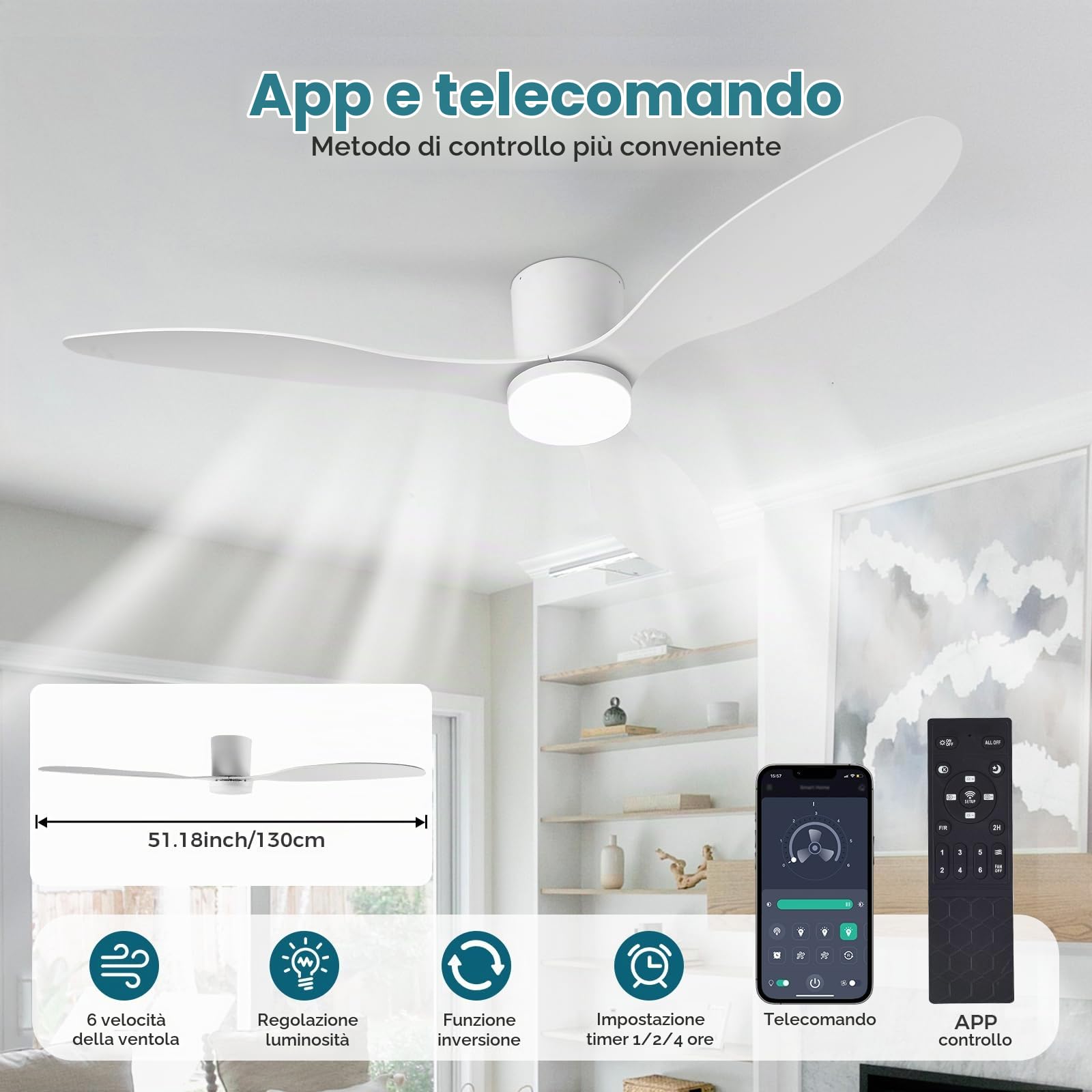 Silenzioso Ventilatore da Soffitto 130CM Con Luce e Telecomando - 60W DC Reversibile, 6 Velocità, 3 Pale, Timer, Lampada Dimmerabile - Bianco