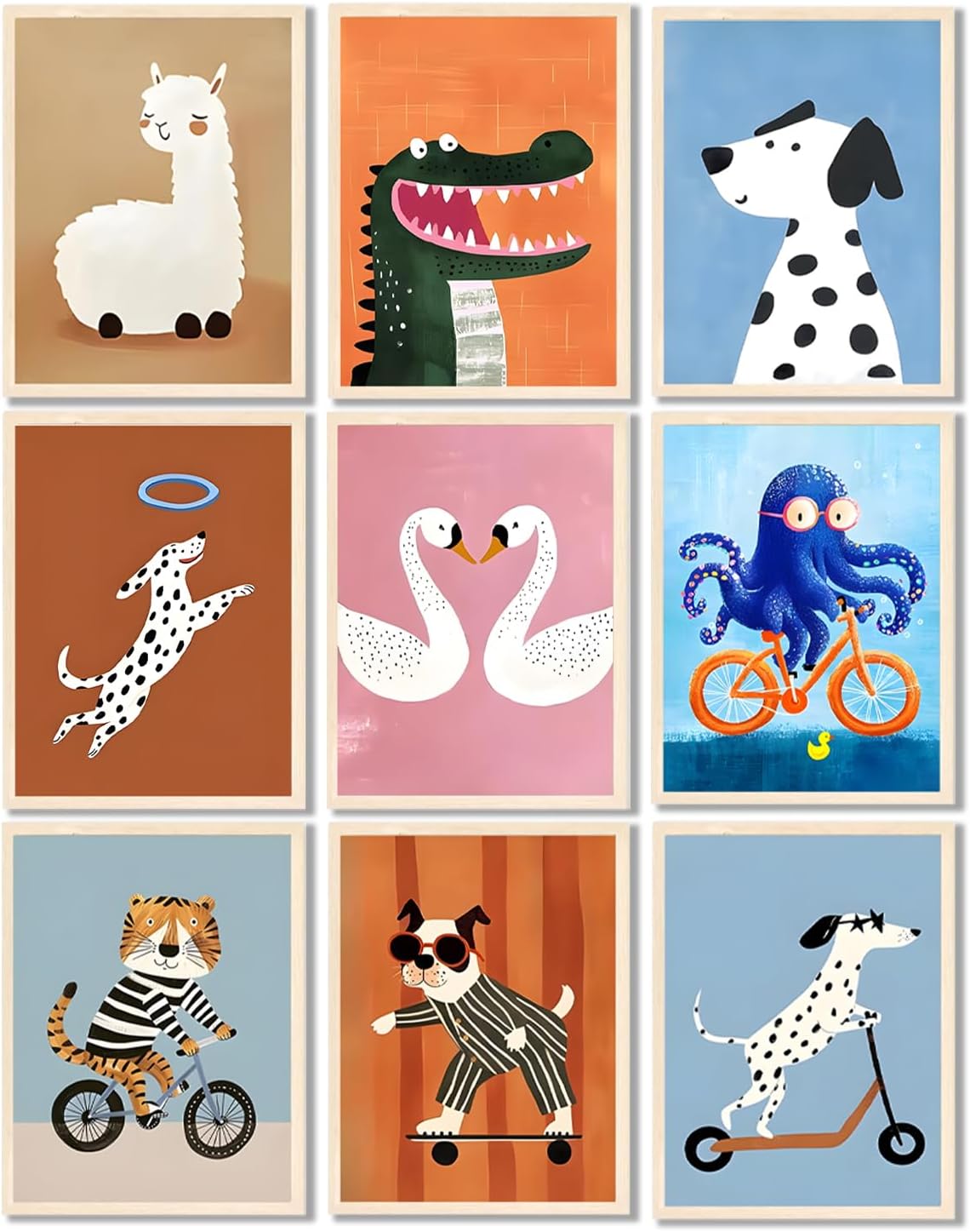 ZBMYYGO Kids Room Canvas Wall Art Set of 9,Funny Cute Cartoon Animal Posters,Nursery Wall Decor Paintings, Kids Transport Room Prints for Boys Girls Bedroom Baby Room Playroom 8x10In Unframed