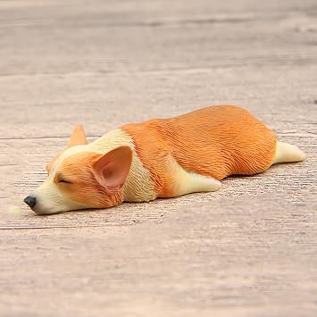 NEIDE Corgi Cub Decorative Statue,Miniature Dog Collectibles Lying Sleeping Shiba Inu Figurine, Realistic Lifelike Animal Statue Home Decoration, Polyresin. A