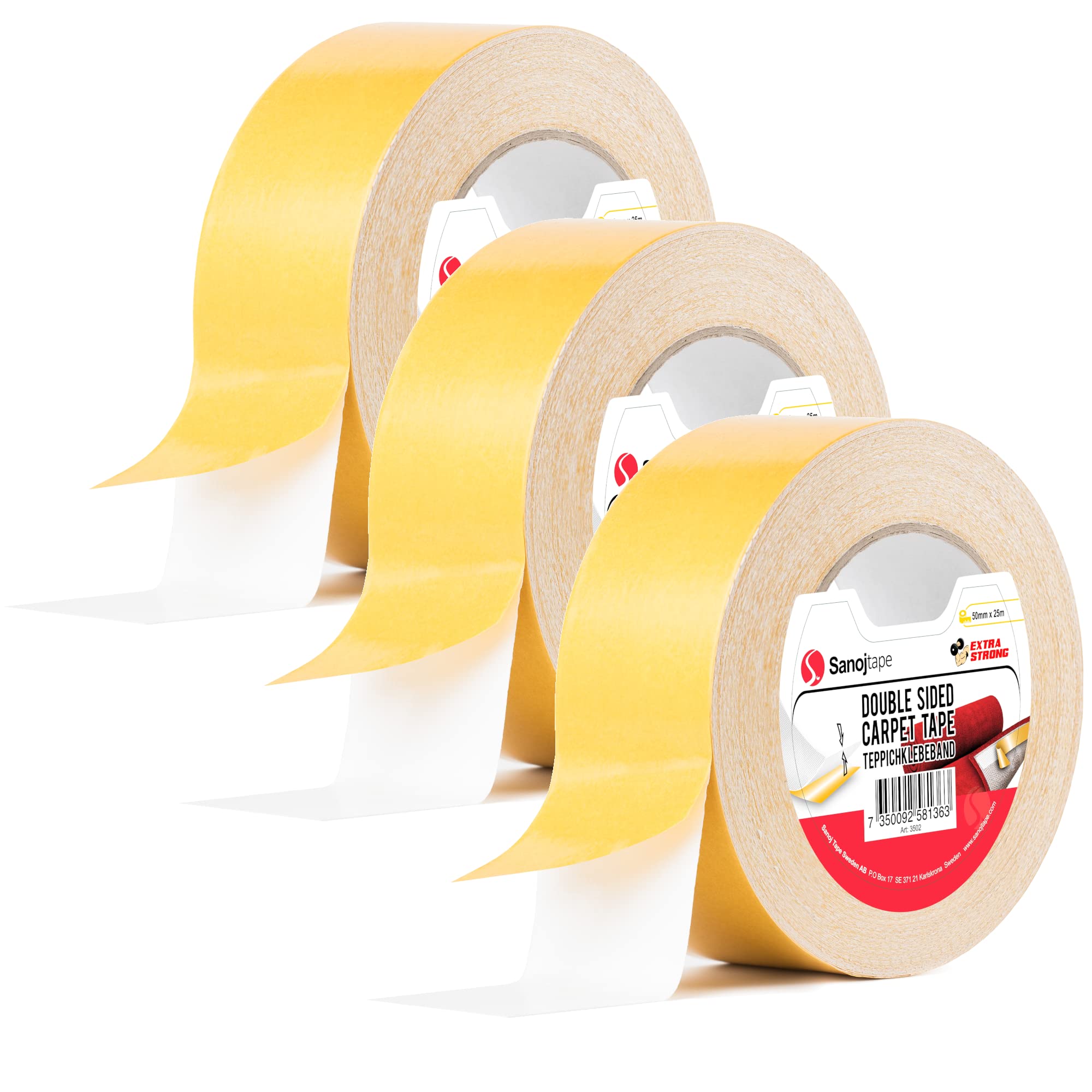 Sanojtape Ruban à Tapis Original de 50mm x 25m (Lot de 3) Extra Fort Double Face Ultrarésistant pour Tapis, Carpettes, Paillassons & Intérieurs