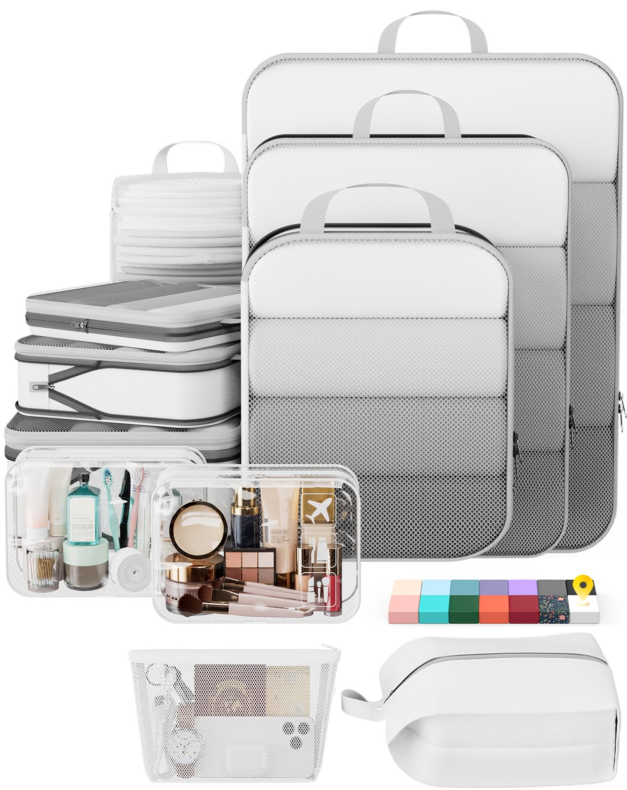 Photo 1 of ** ONLY 4 PCS** Veken 11 Set Compression Packing Cubes for Travel Essentials,Compressible Expandable Large Luggage Suitcase Organizer Bags for Clothing,Durable Space Saver Storage Bags with Toiletry Bags(White)