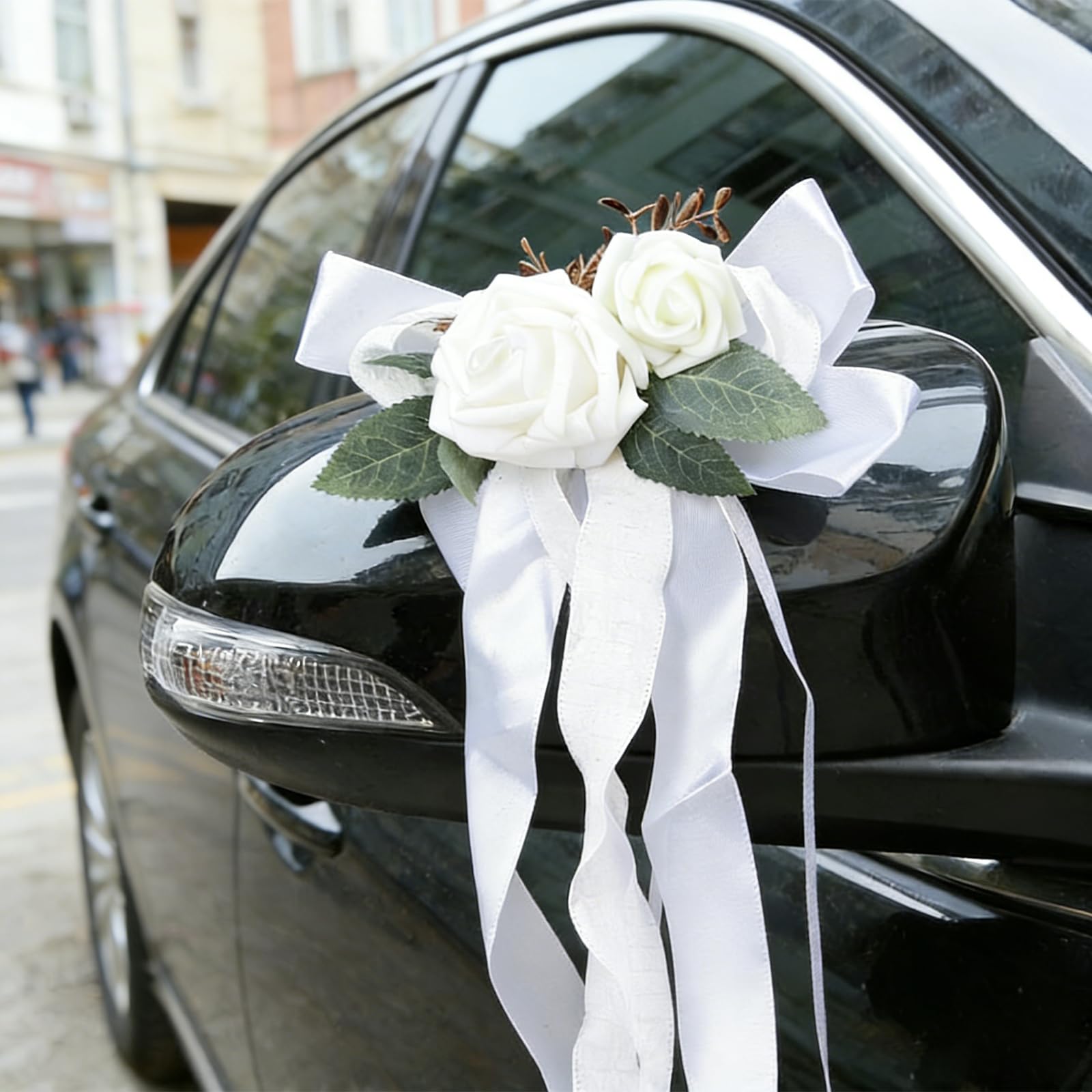 DBREAKS Dekoracja samochodu weselnego, 4 sztuki, kwiat ozdoba samochodowa z przyssawkami, na klamkę drzwi i lusterko boczne, biała sztuczna róża, ozdoba ślubna, do samochodu, na wesele, imprezę