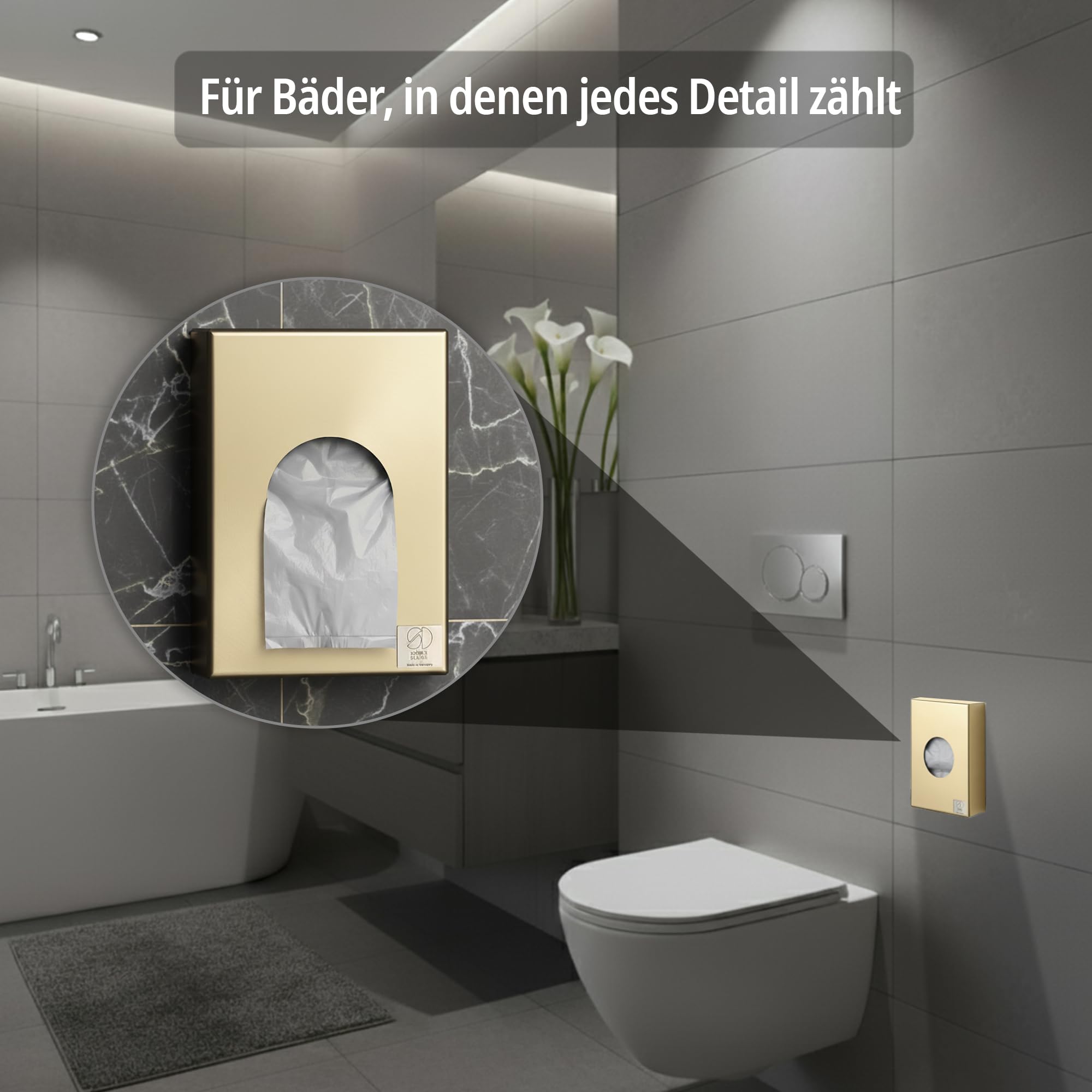 Hygienebeutelspender aus Edelstahl - Spender in Goldoptik, kompakter Spender für Hygienebeutel für Damenbinden und Tampons, hergestellt in Deutschland
