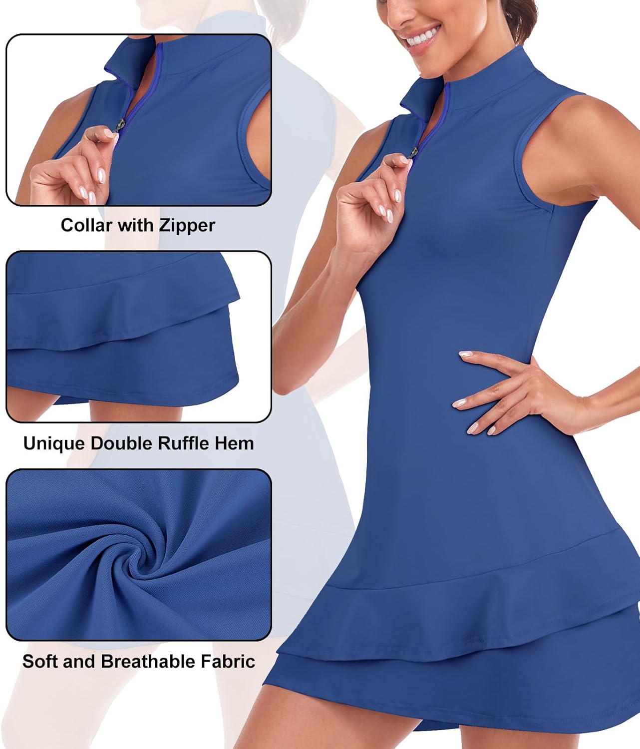 Viracy Tennis Dress for Women Sleeveless Golf Dresses with Shorts and Pockets Ruffle Zip Up Stand Collar Golf Outfits - Image 4