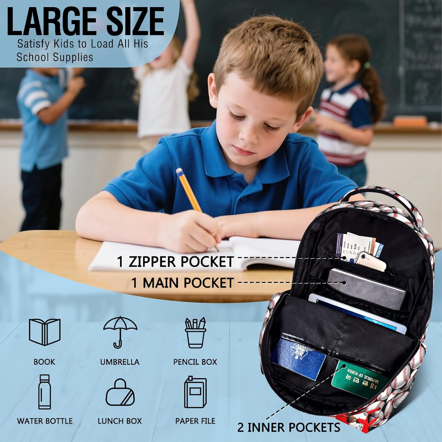 Baseball School Backpacks for Boys 8-12 American Baseball Boys Backpack for Kids Children Teens Elementary Middle School Students Bookbag Lightweight Travel Daypack Back Pack - Image 3